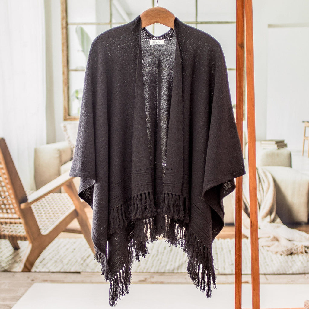 Black Cotton Ruana with Fringe Handwoven in Guatemala - Natural Elegance