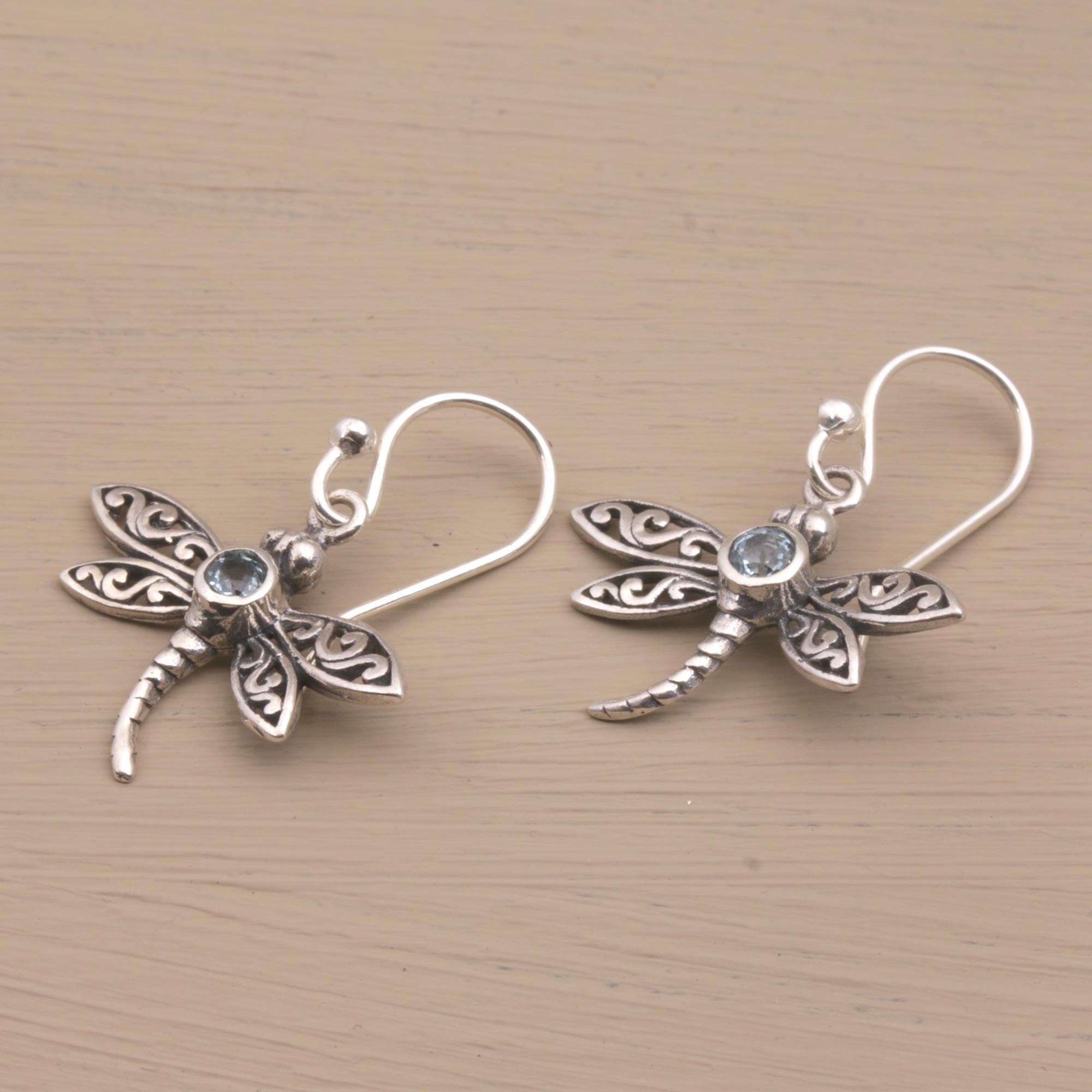 Sterling Silver and Blue Topaz Dangle Earrings - Enchanted Dragonfly