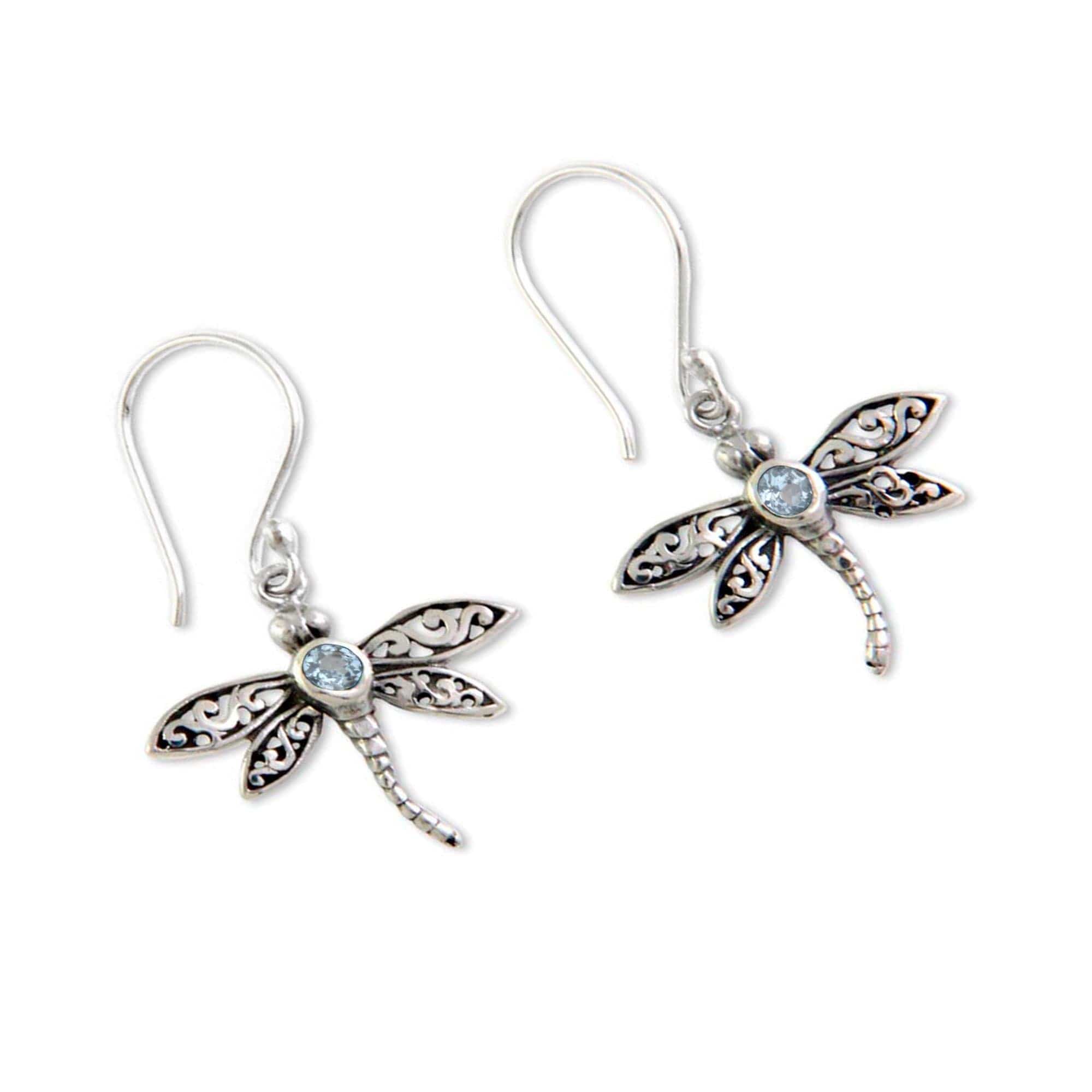 Sterling Silver and Blue Topaz Dangle Earrings - Enchanted Dragonfly