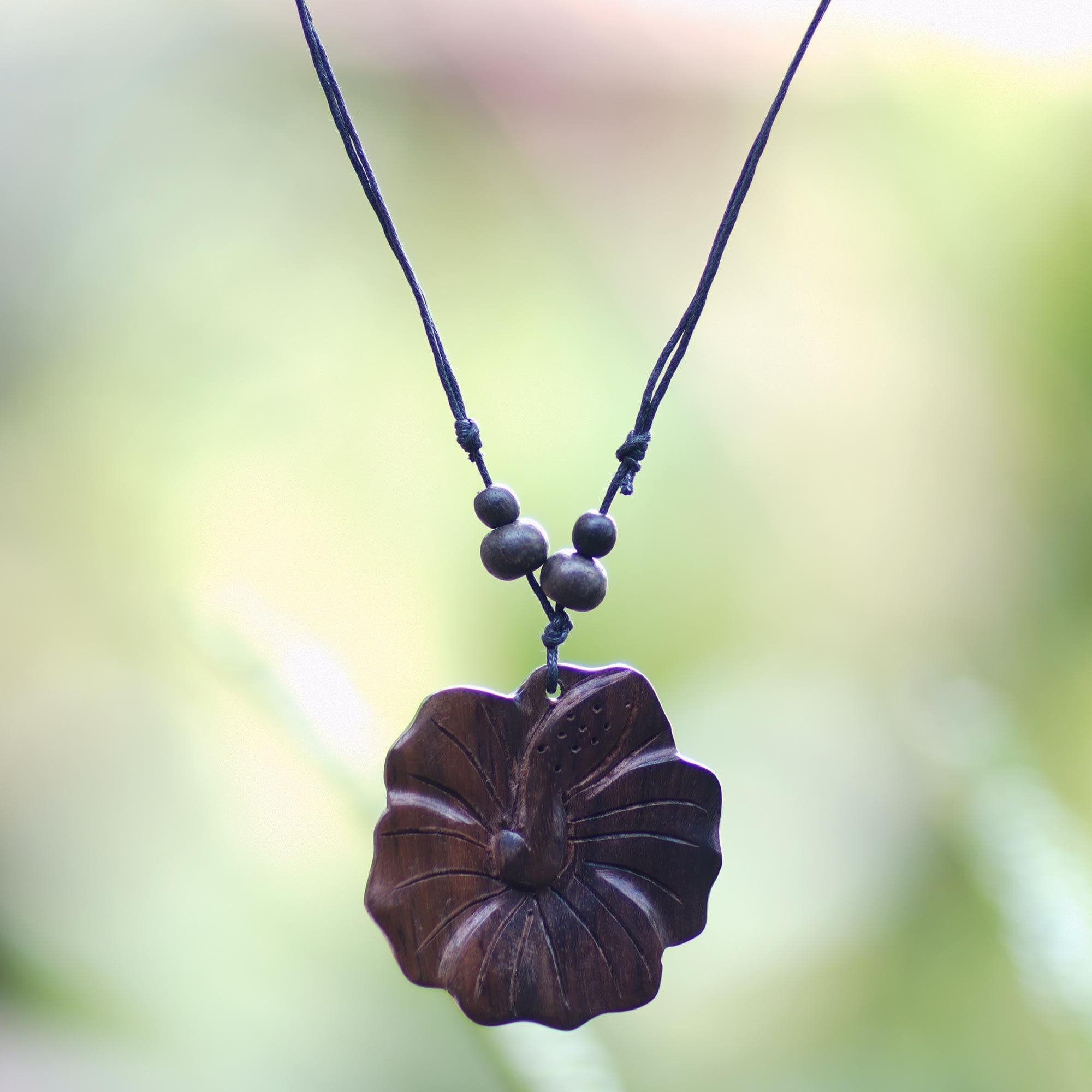Wood Flower Pendant Necklace Carved by Hand - Shoe Flower