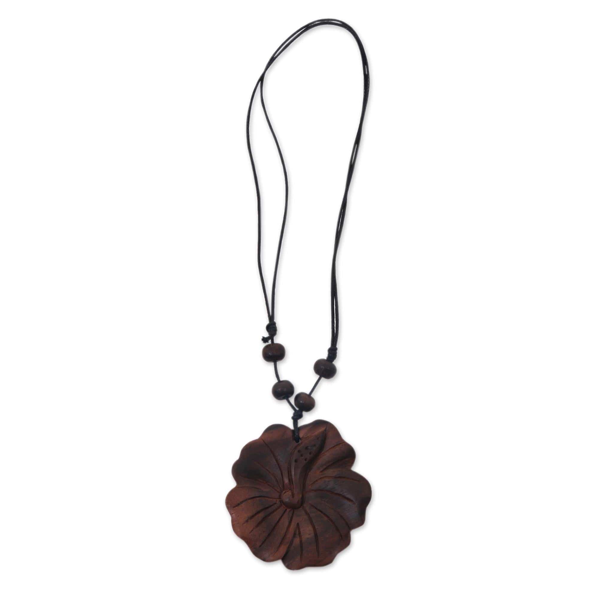 Wood Flower Pendant Necklace Carved by Hand - Shoe Flower