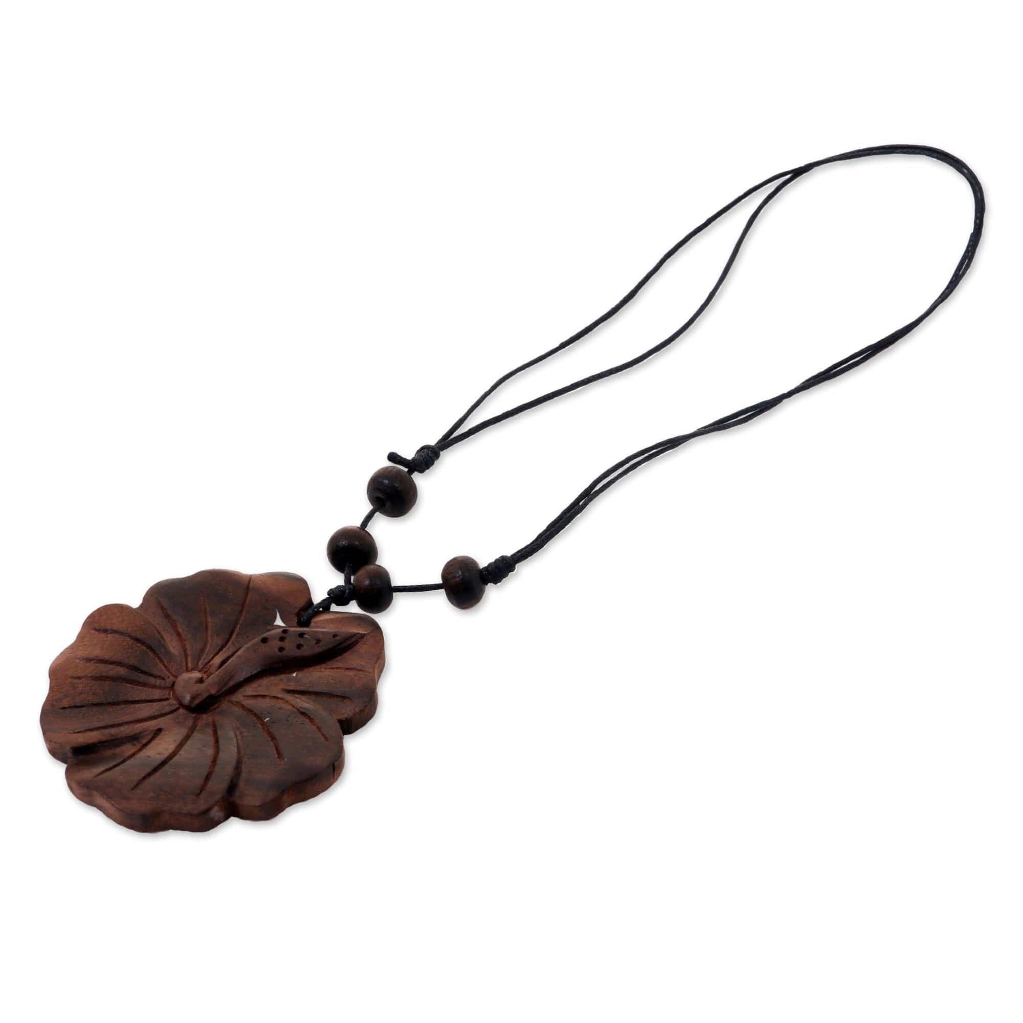 Wood Flower Pendant Necklace Carved by Hand - Shoe Flower