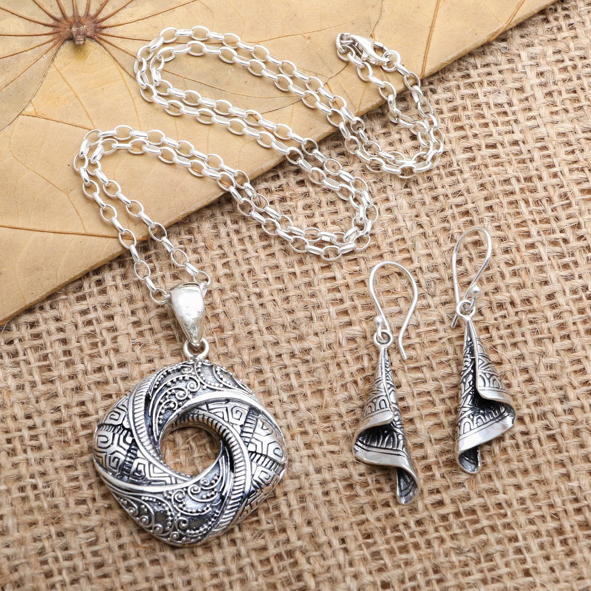 Sterling Silver Cultural Dangle Earrings - Shining Songket