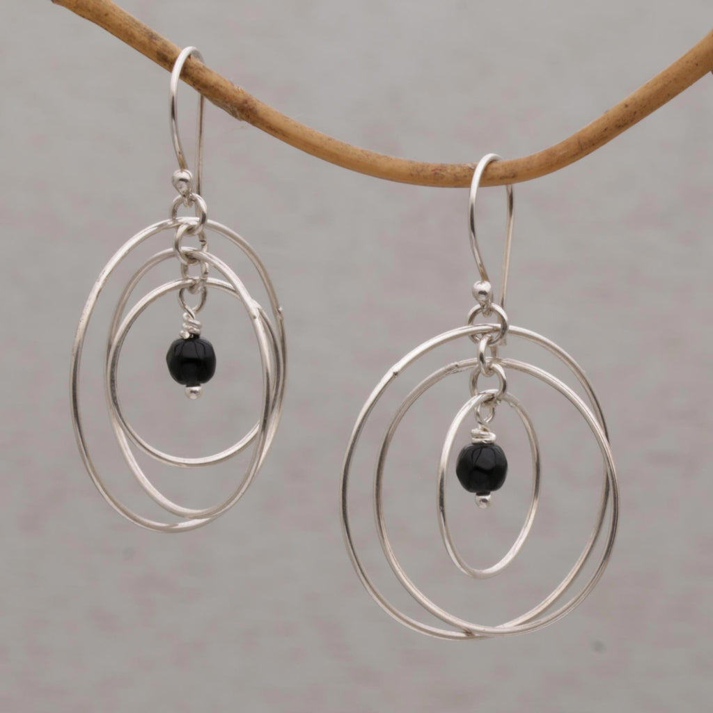 Onyx and Sterling Silver Dangle Earrings - Atoms