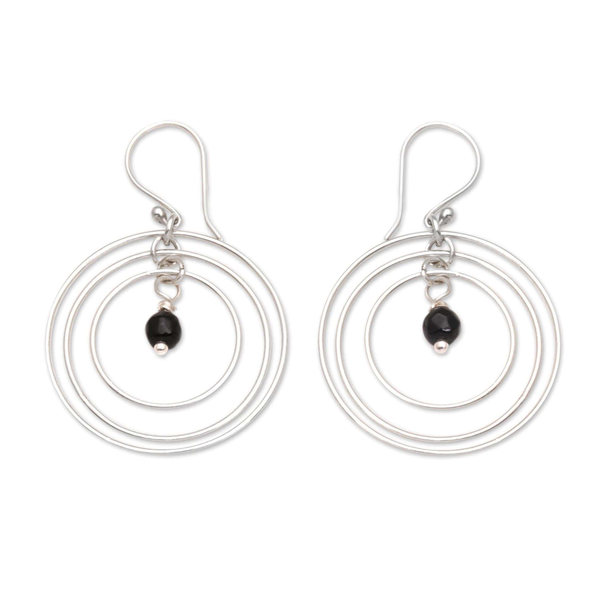 Onyx and Sterling Silver Dangle Earrings - Atoms