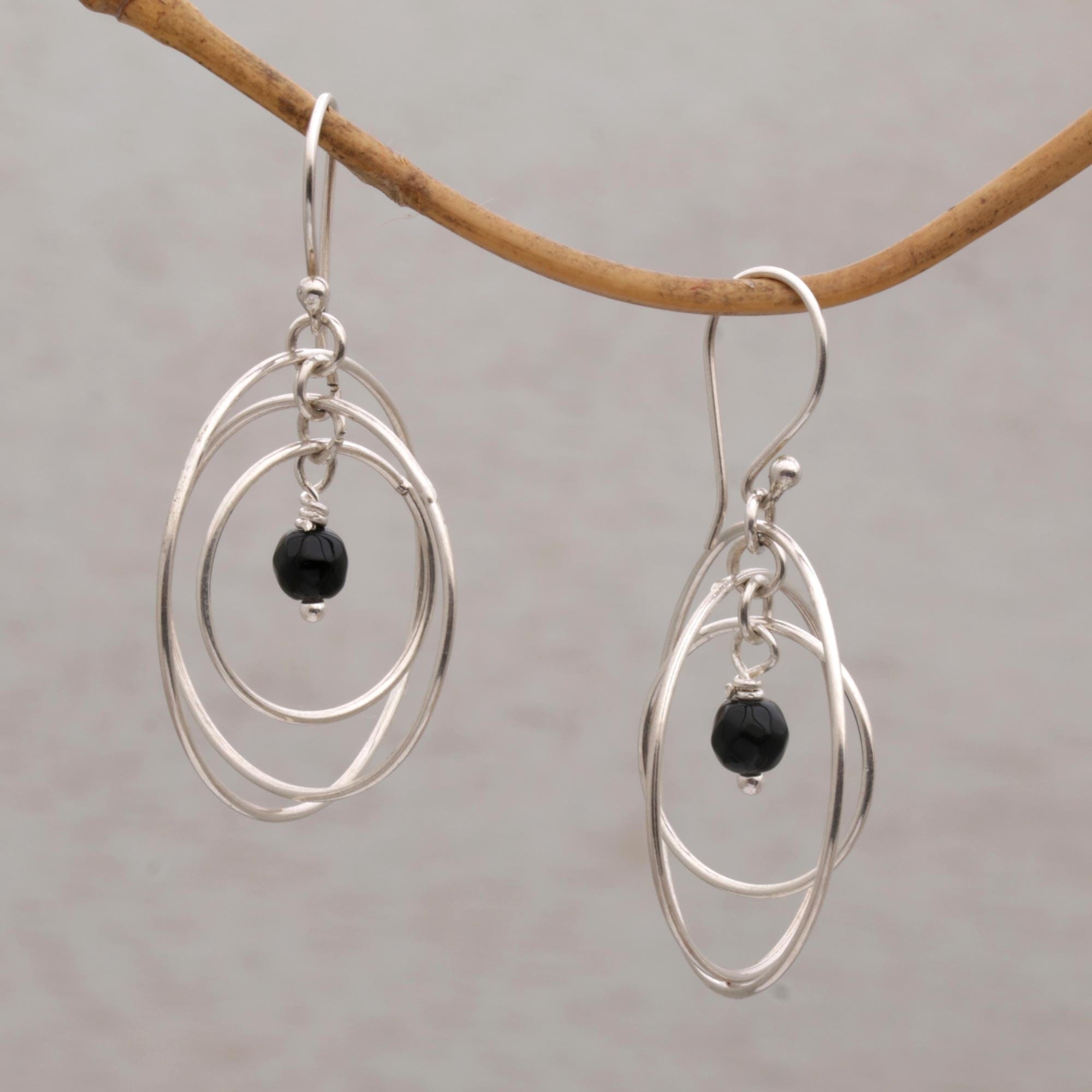 Onyx and Sterling Silver Dangle Earrings - Atoms