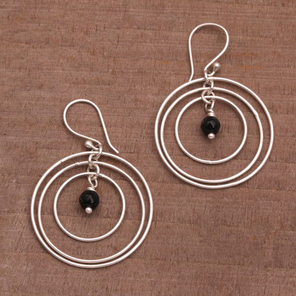 Onyx and Sterling Silver Dangle Earrings - Atoms