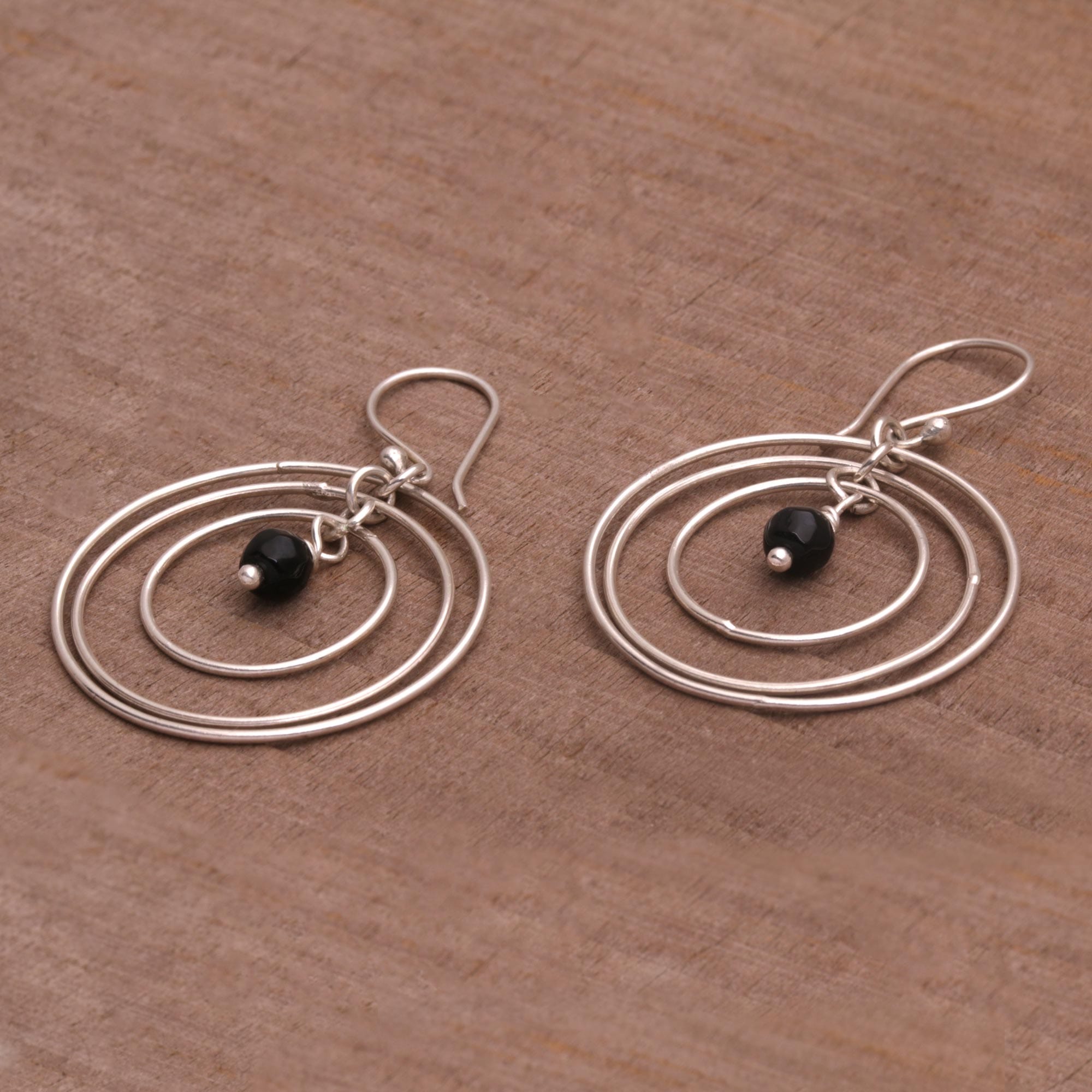 Onyx and Sterling Silver Dangle Earrings - Atoms