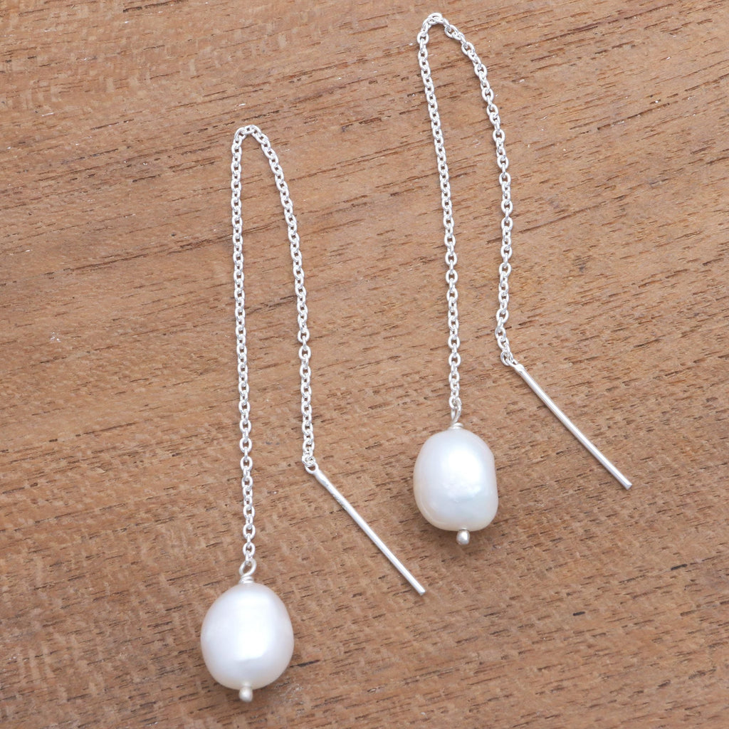 Cultured Pearl Threader Earrings Crafted in Bali - Lantern Light