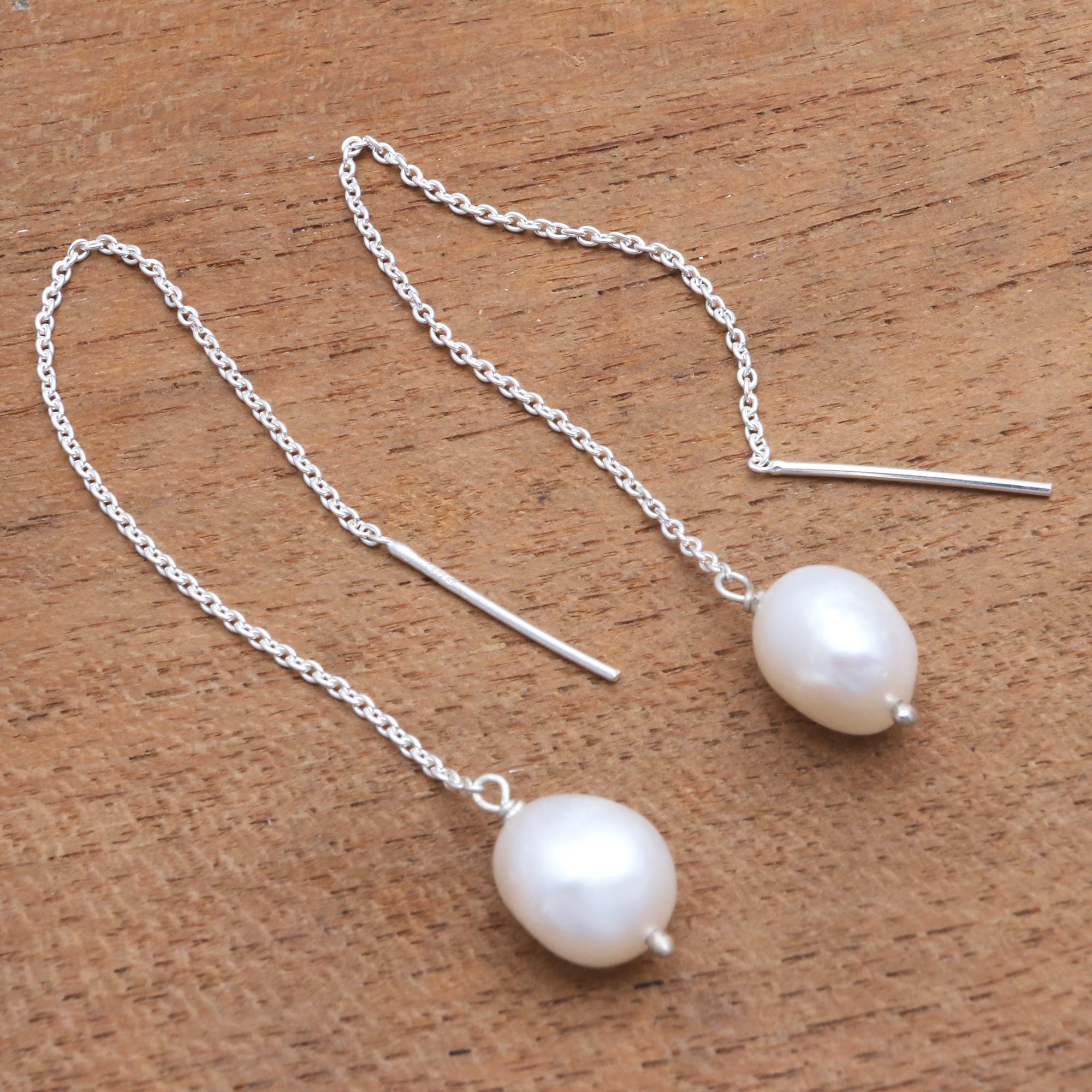 Cultured Pearl Threader Earrings Crafted in Bali - Lantern Light