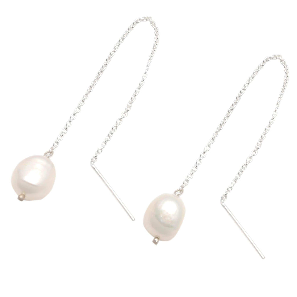 Cultured Pearl Threader Earrings Crafted in Bali - Lantern Light