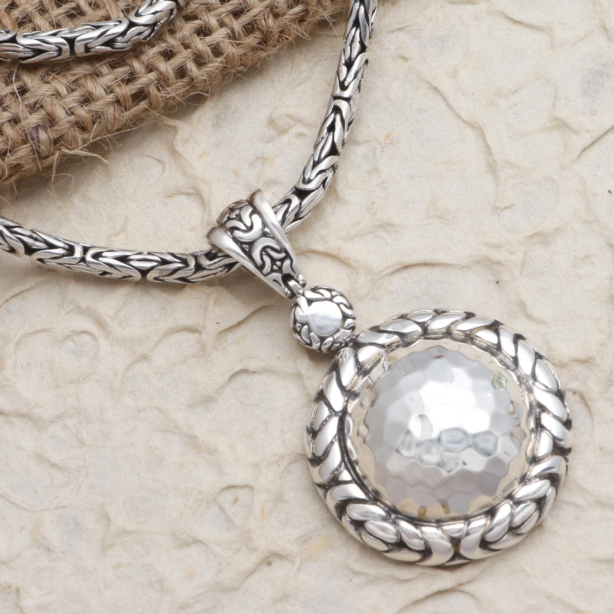 Byzantine Link Hammered Sterling Silver Pendant Necklace - Meditation Healing