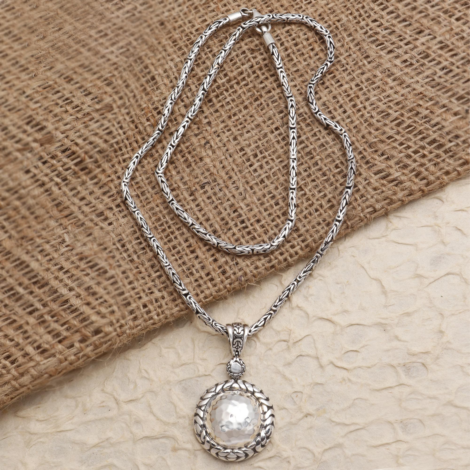 Byzantine Link Hammered Sterling Silver Pendant Necklace - Meditation Healing
