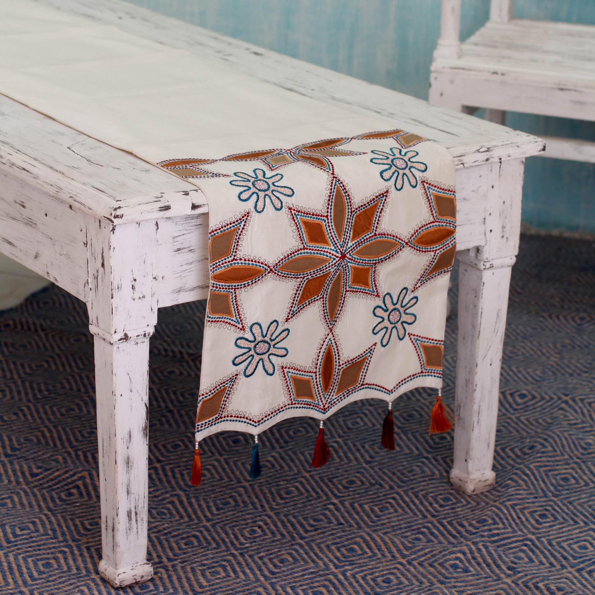 Embroidered Applique Table Runner with Beadwork from India - Ginger Stars
