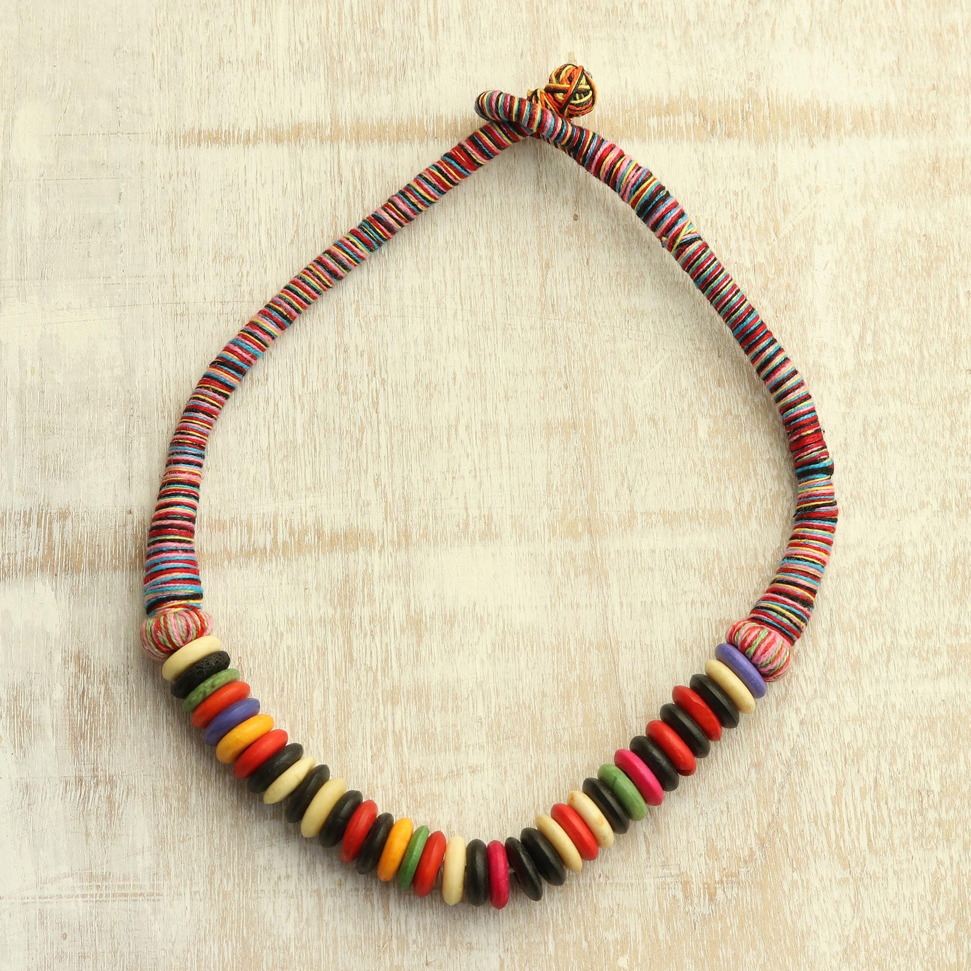 Multi-Colored Buffalo Bone and Cotton Beaded Necklace - Rainbow Explosion