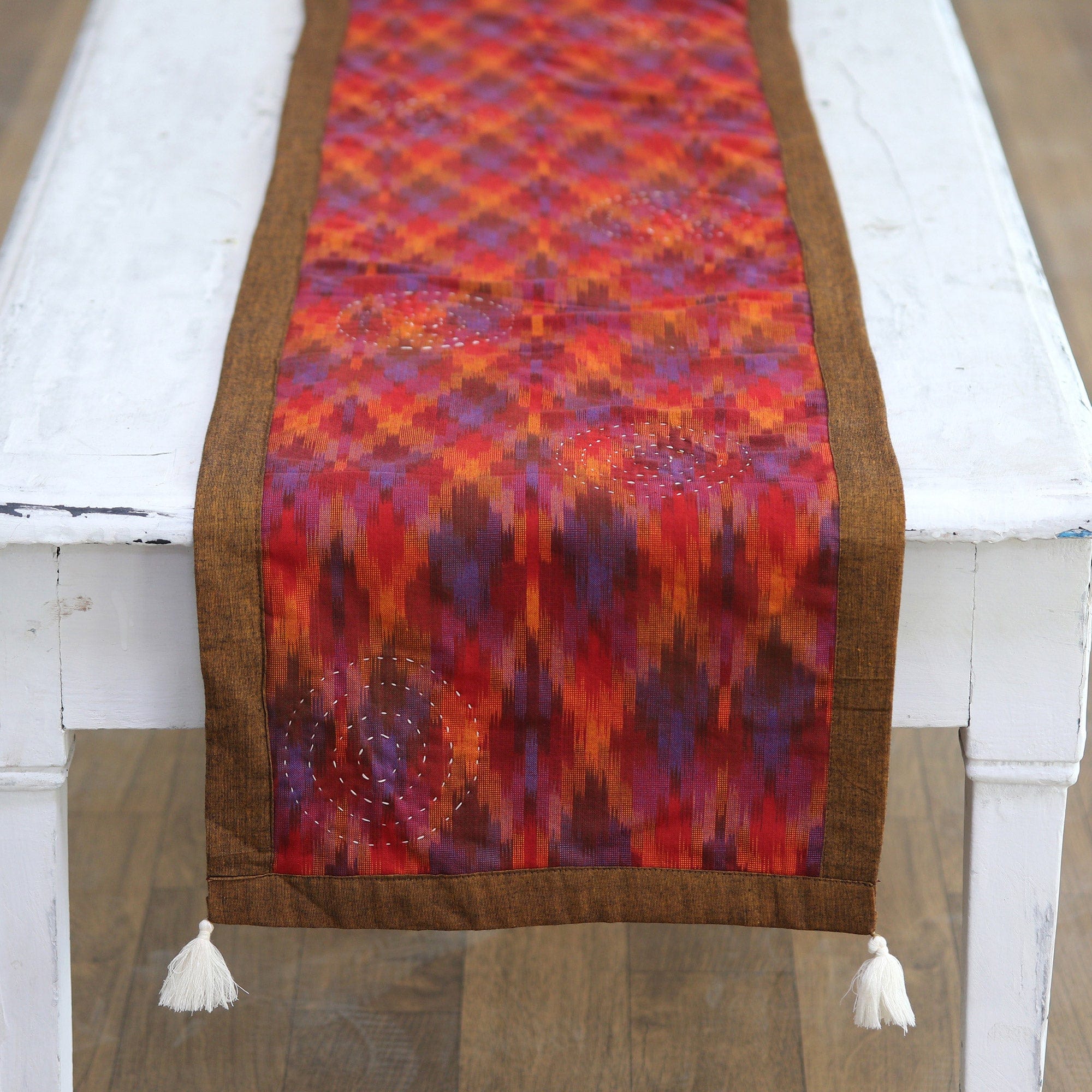 Indian Reversible Cotton Table Runner with Tassels - Crimson Sides