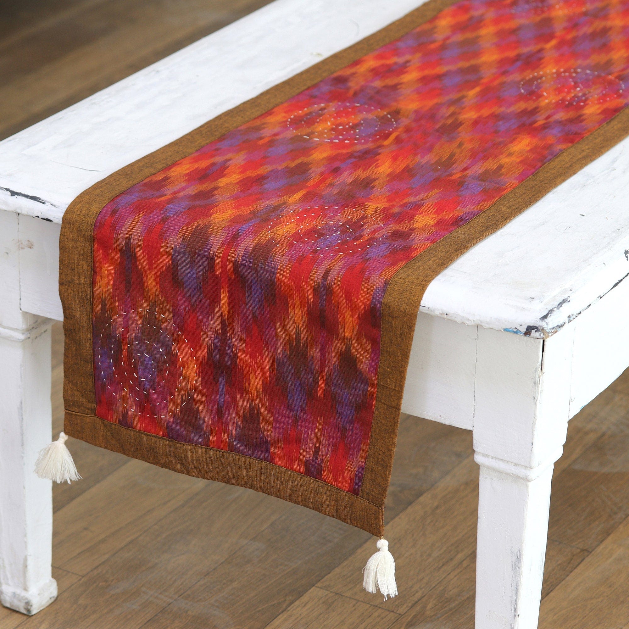 Indian Reversible Cotton Table Runner with Tassels - Crimson Sides