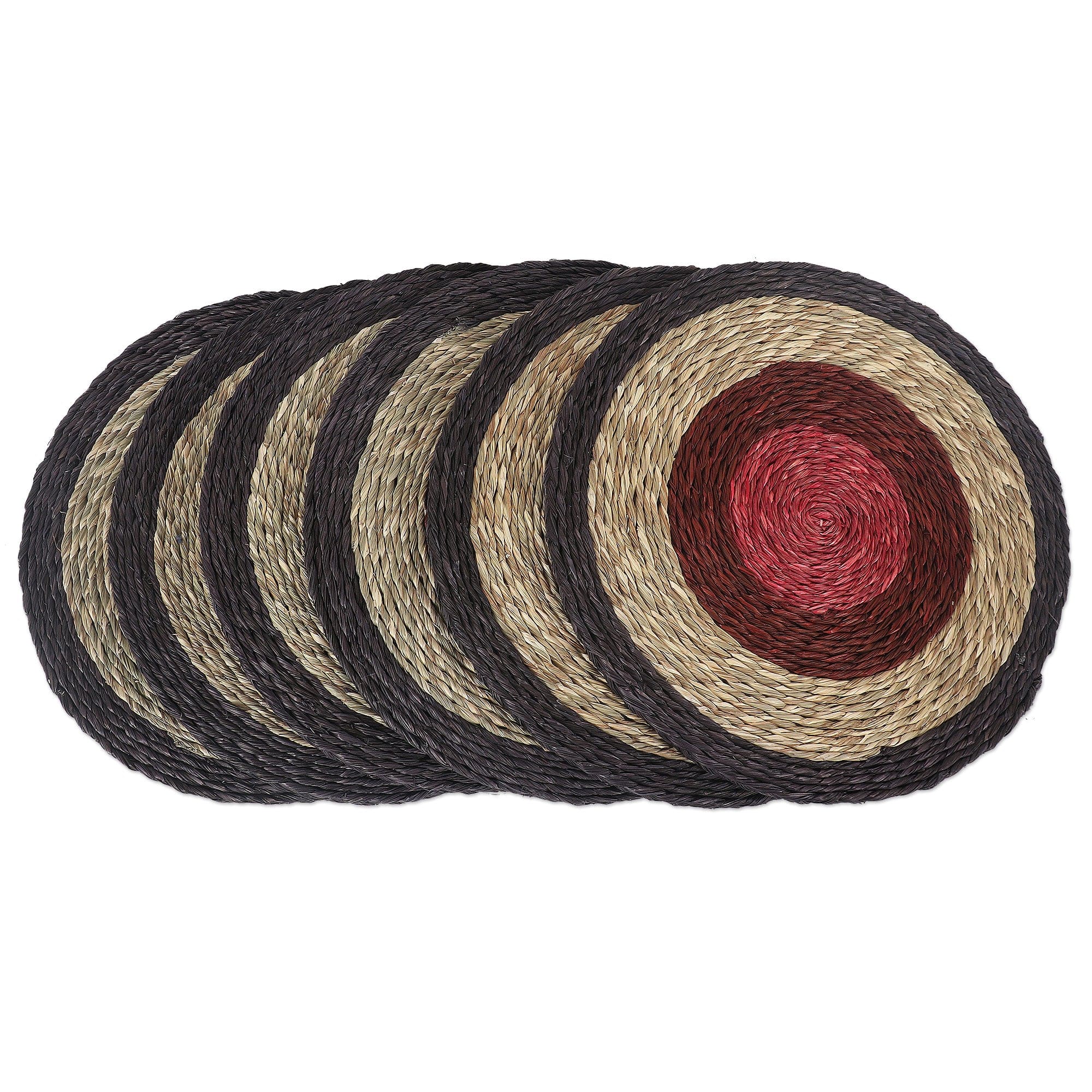Set of 6 Natural Fiber Round Placemats in Red and Black - Round Grandeur