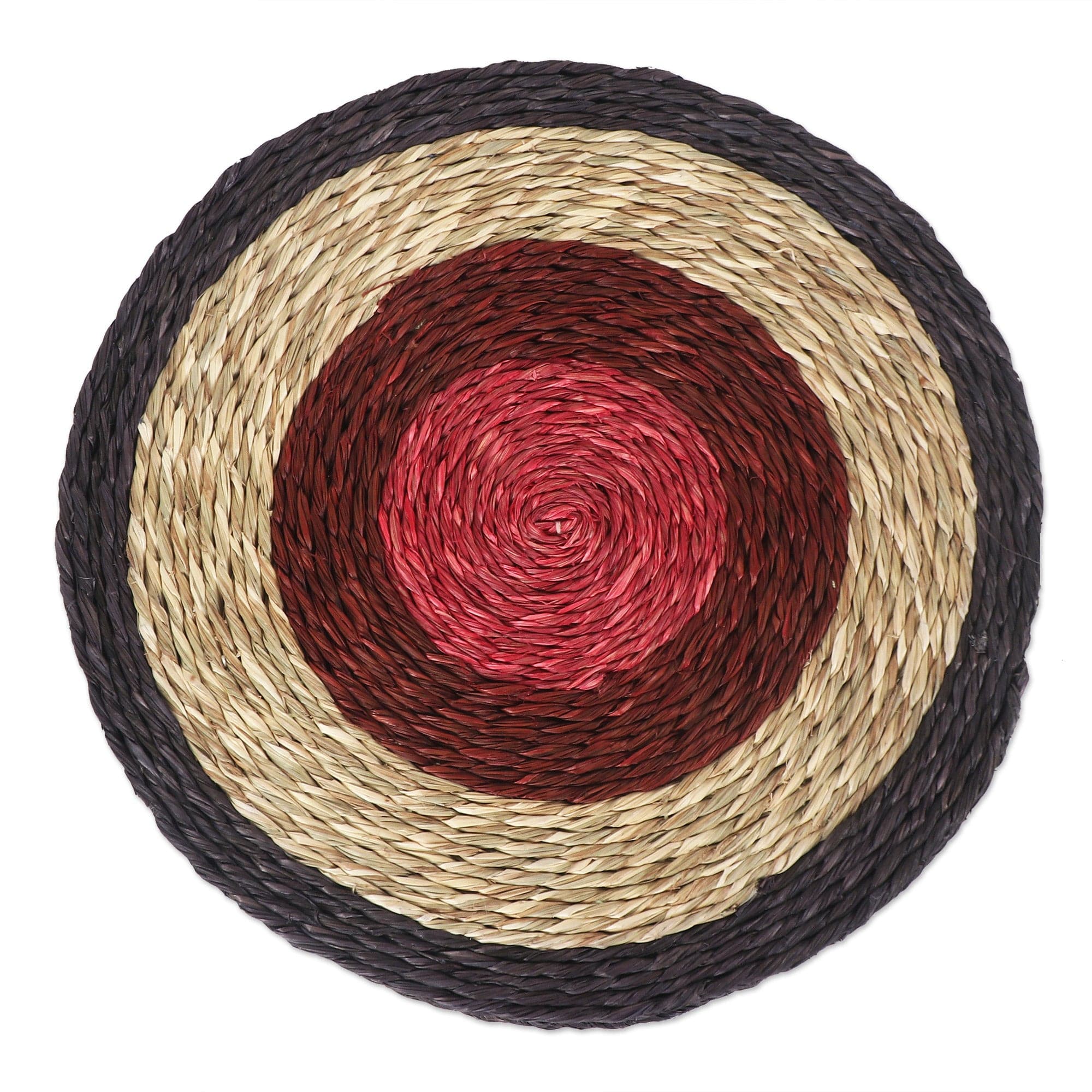 Set of 6 Natural Fiber Round Placemats in Red and Black - Round Grandeur