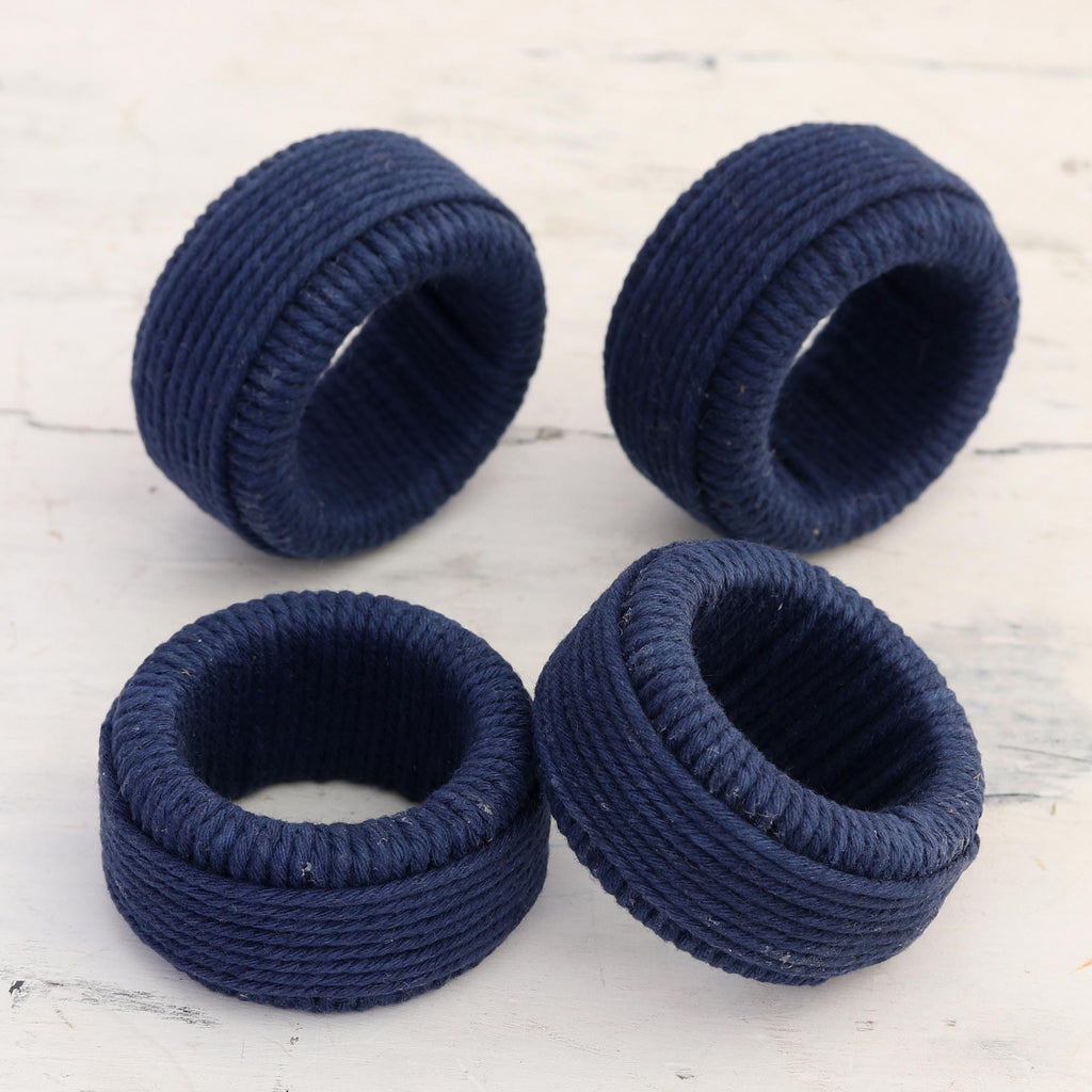 Blue Cotton Napkin Rings with Plastic Structure (Set of 4) - Blue Whim