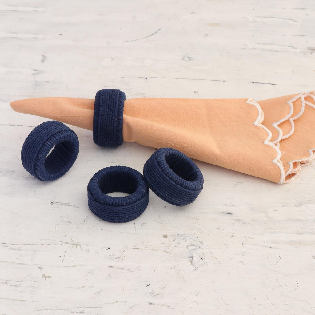 Blue Cotton Napkin Rings with Plastic Structure (Set of 4) - Blue Whim