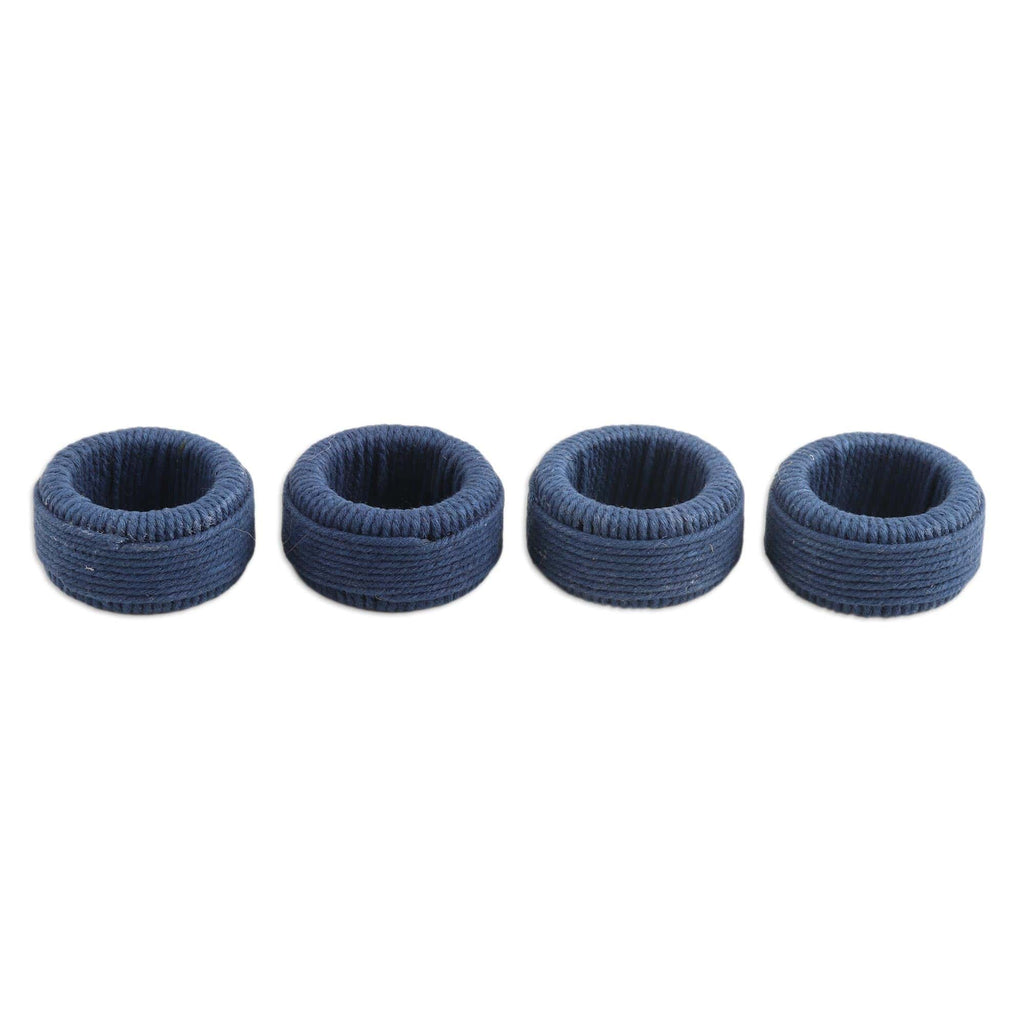 Blue Cotton Napkin Rings with Plastic Structure (Set of 4) - Blue Whim