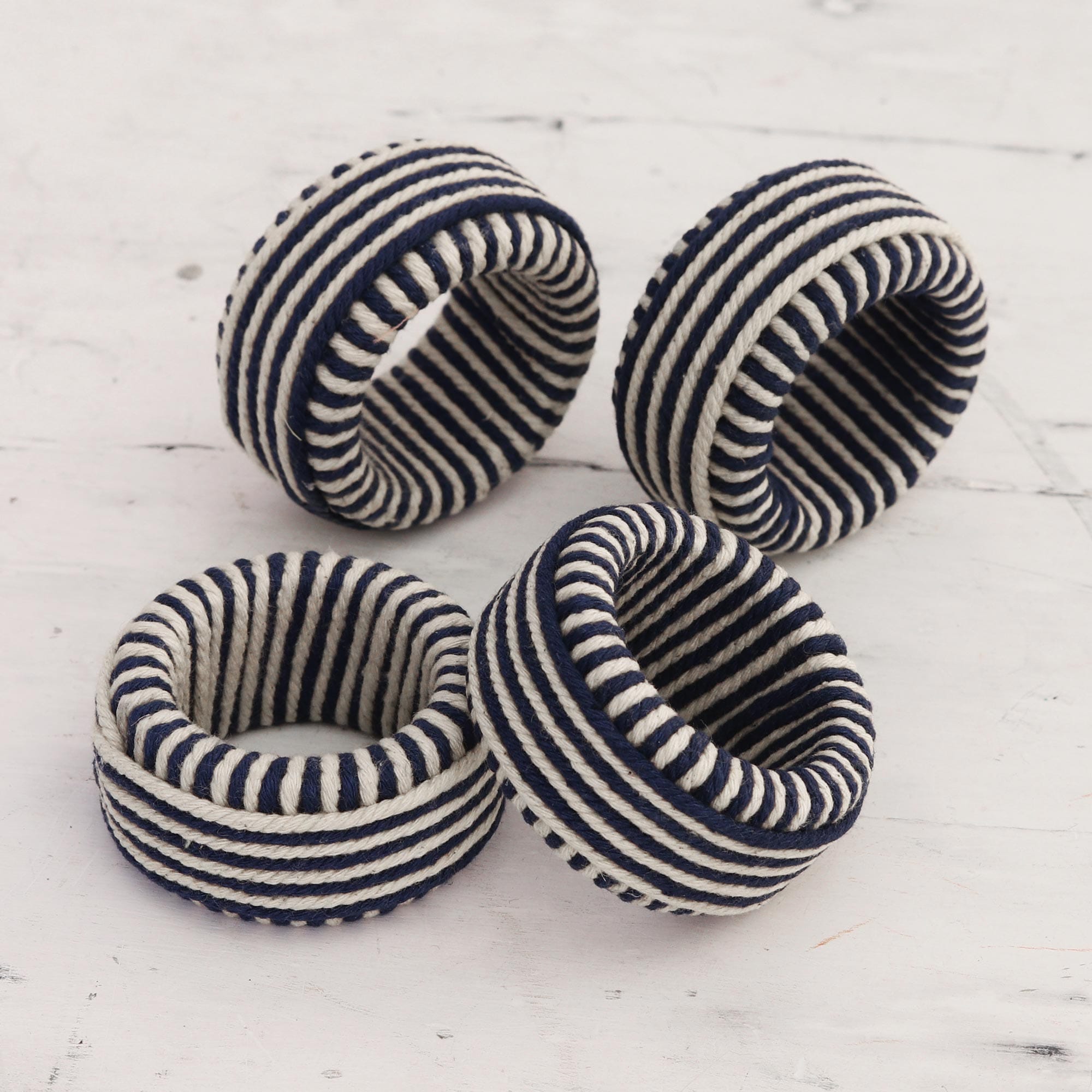 Set of 4 Blue and Ivory Cotton Napkin Rings from India - Refined Blue