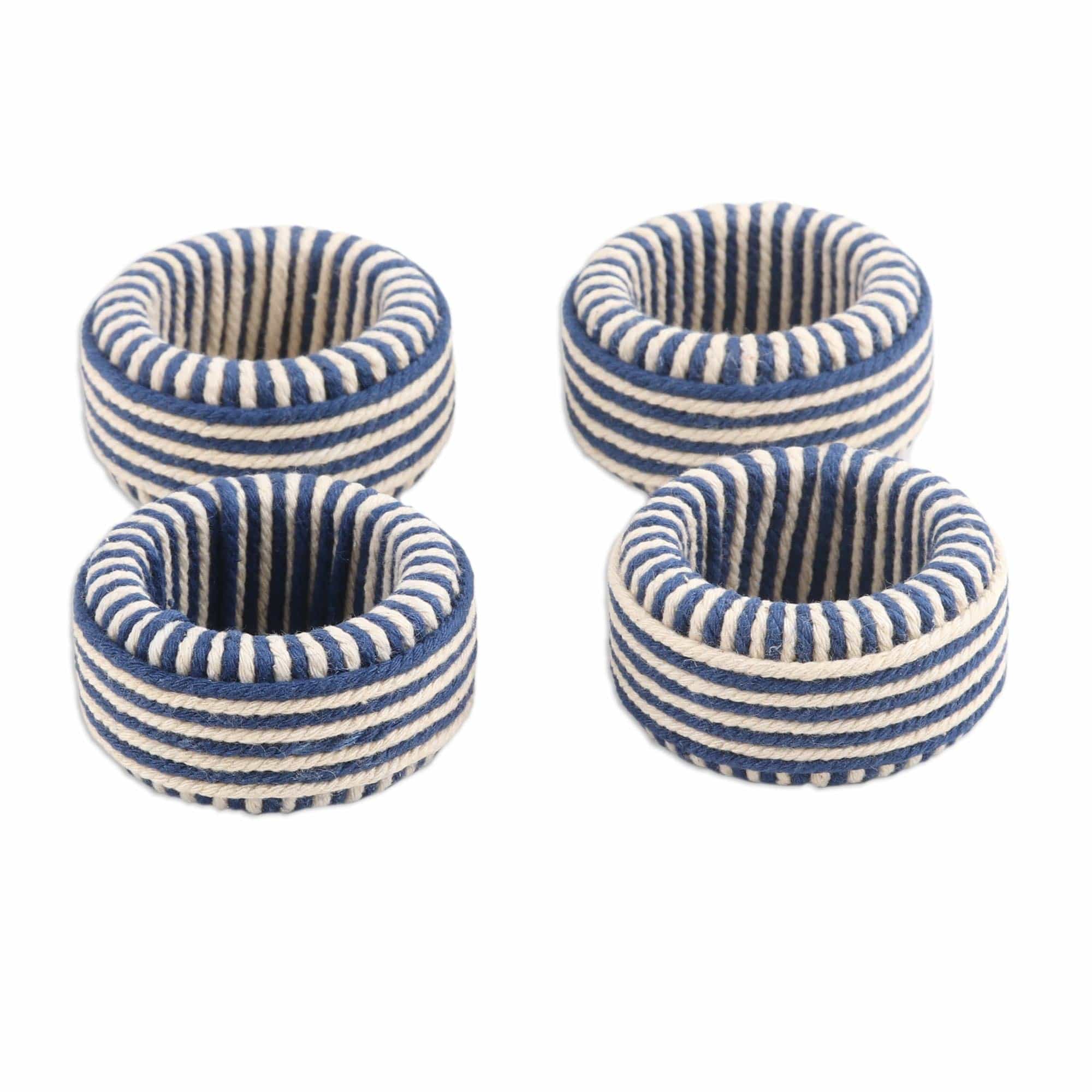 Set of 4 Blue and Ivory Cotton Napkin Rings from India - Refined Blue