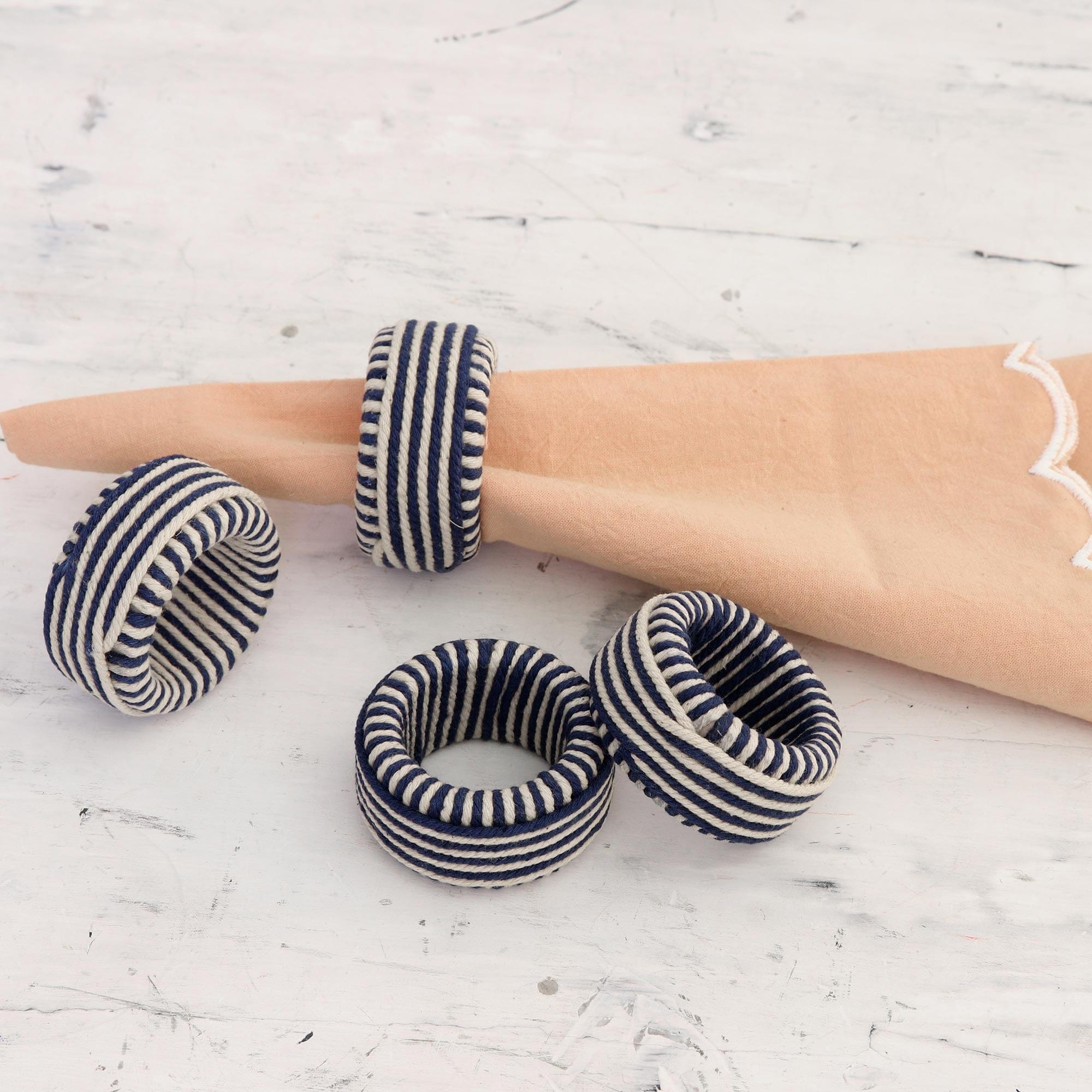 Set of 4 Blue and Ivory Cotton Napkin Rings from India - Refined Blue