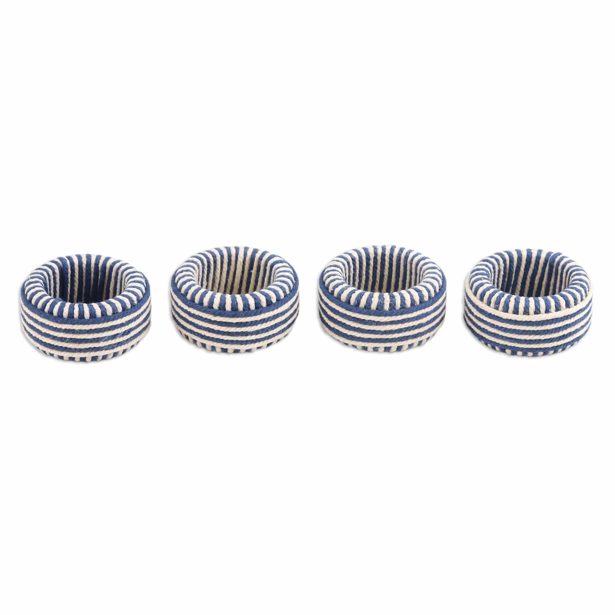 Set of 4 Blue and Ivory Cotton Napkin Rings from India - Refined Blue