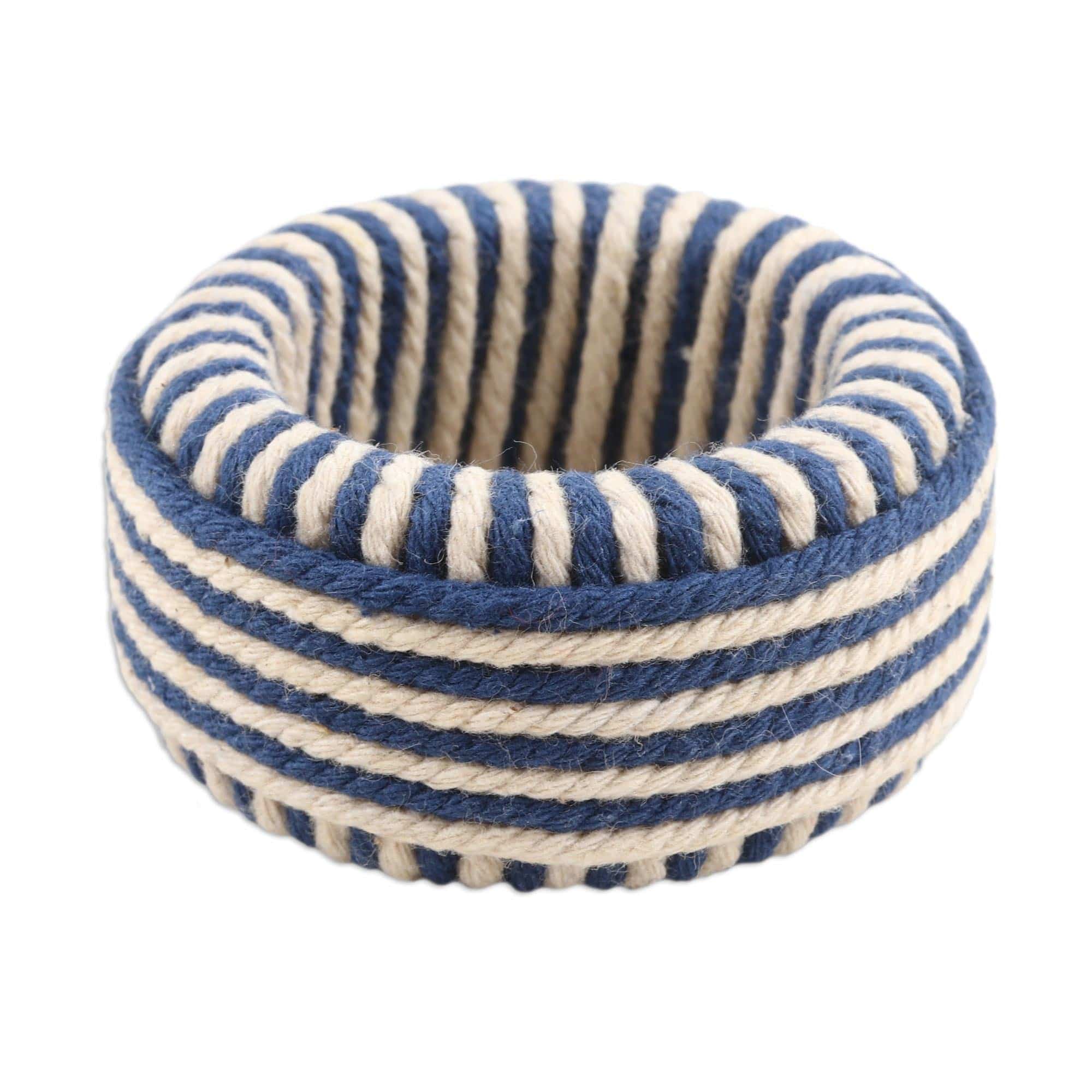 Set of 4 Blue and Ivory Cotton Napkin Rings from India - Refined Blue