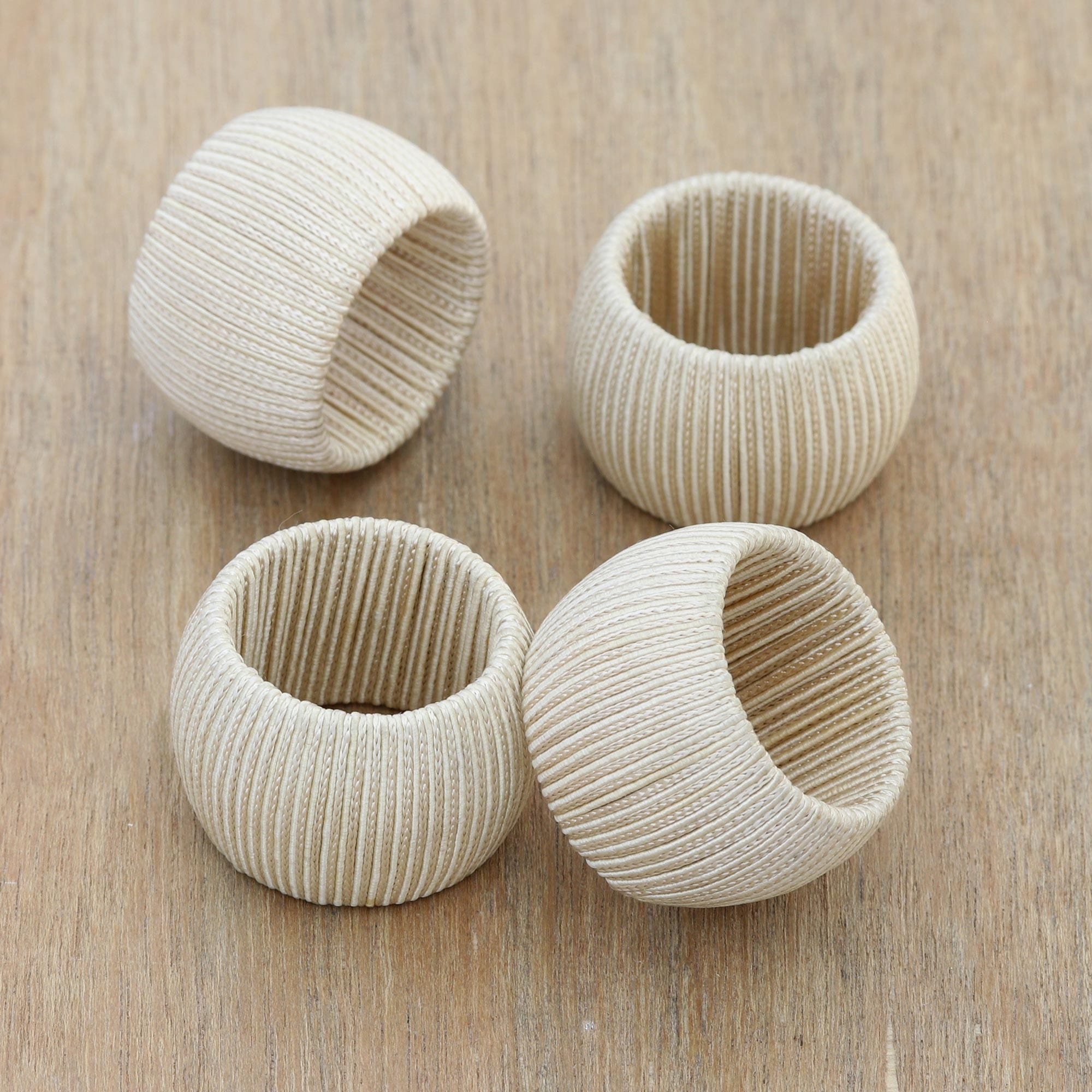 Set of 4 Ivory Braided Polyester Napkin Rings from India - Braided Ivory