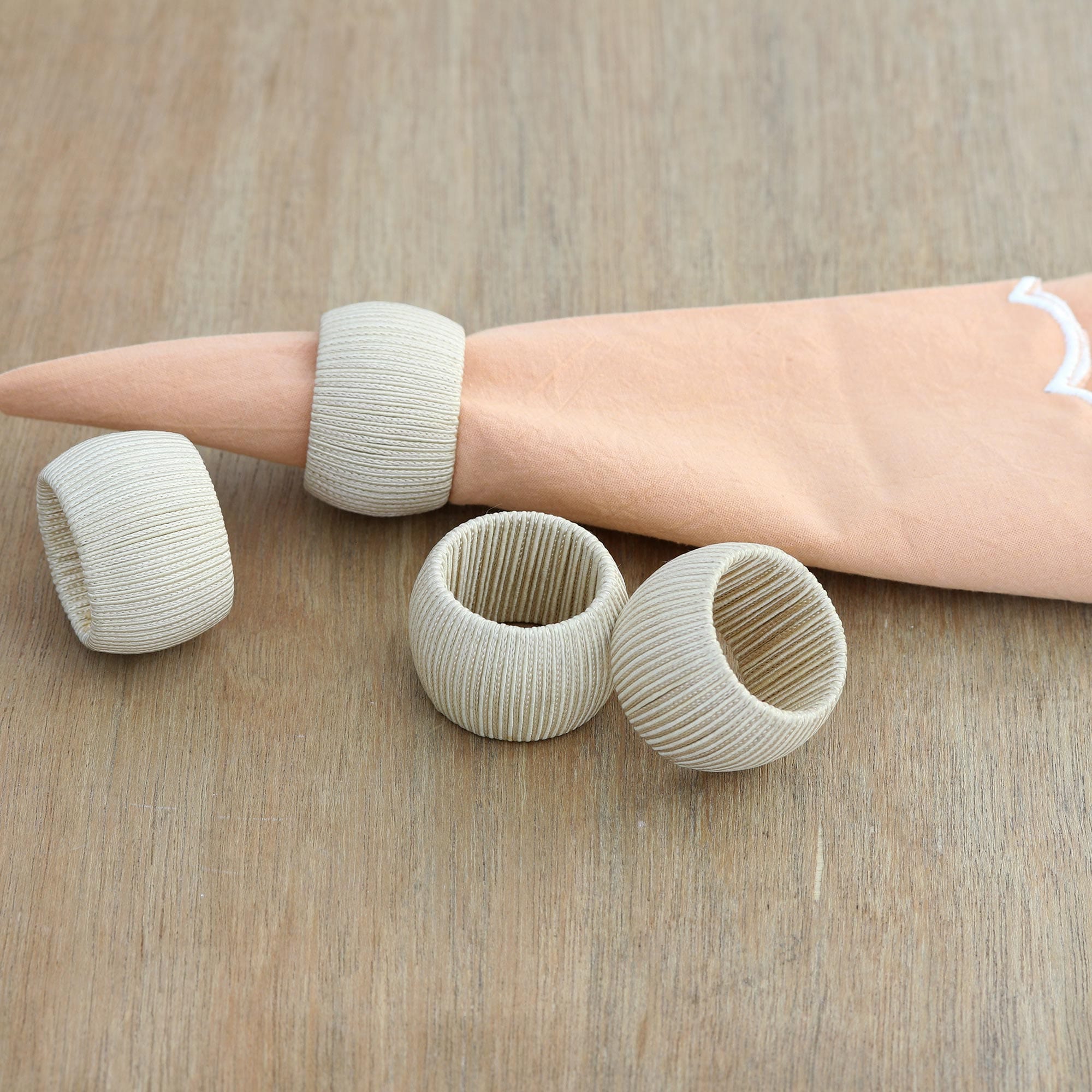 Set of 4 Ivory Braided Polyester Napkin Rings from India - Braided Ivory