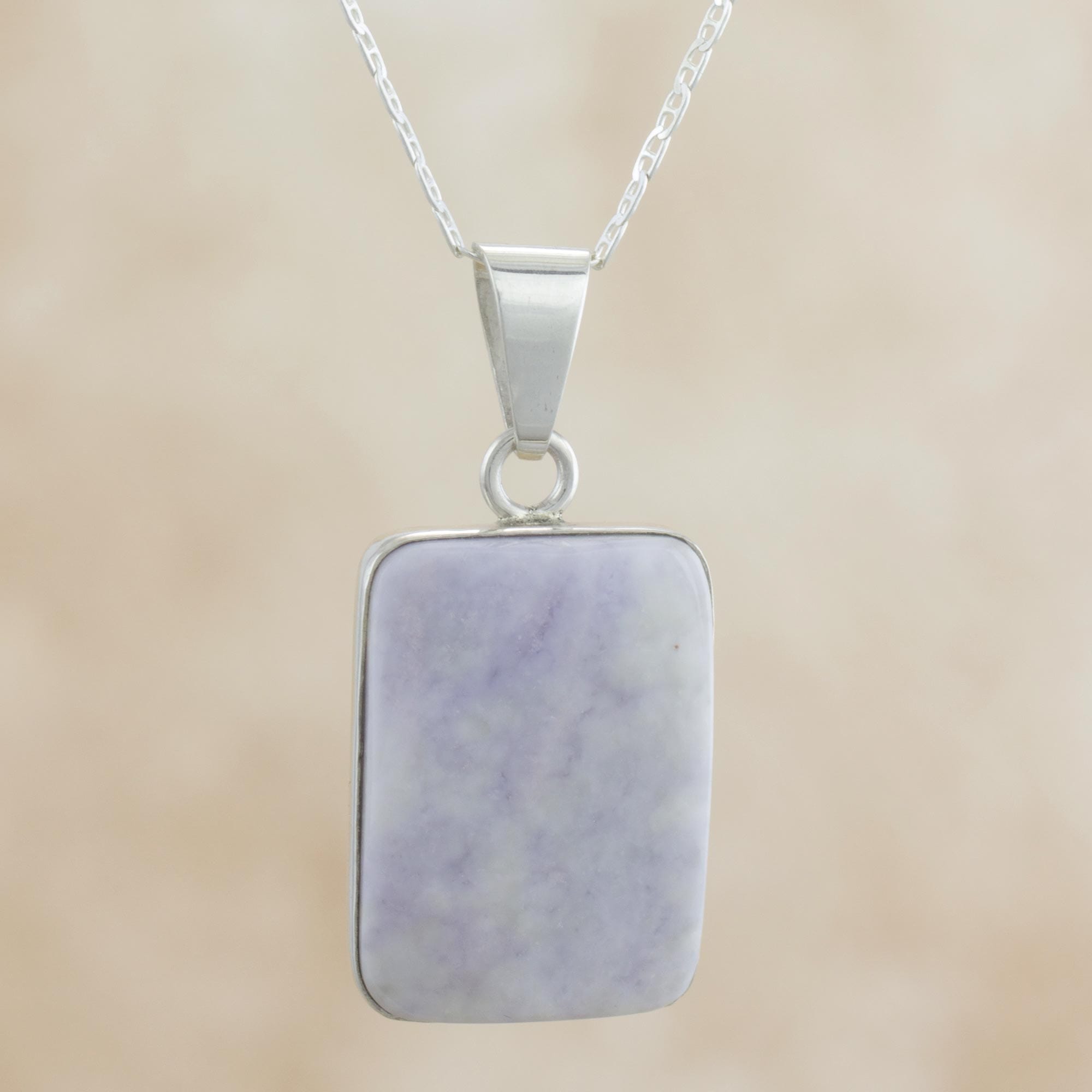 Reversible Lilac Jade and Silver Maya Glyph Necklace - Breath of Life