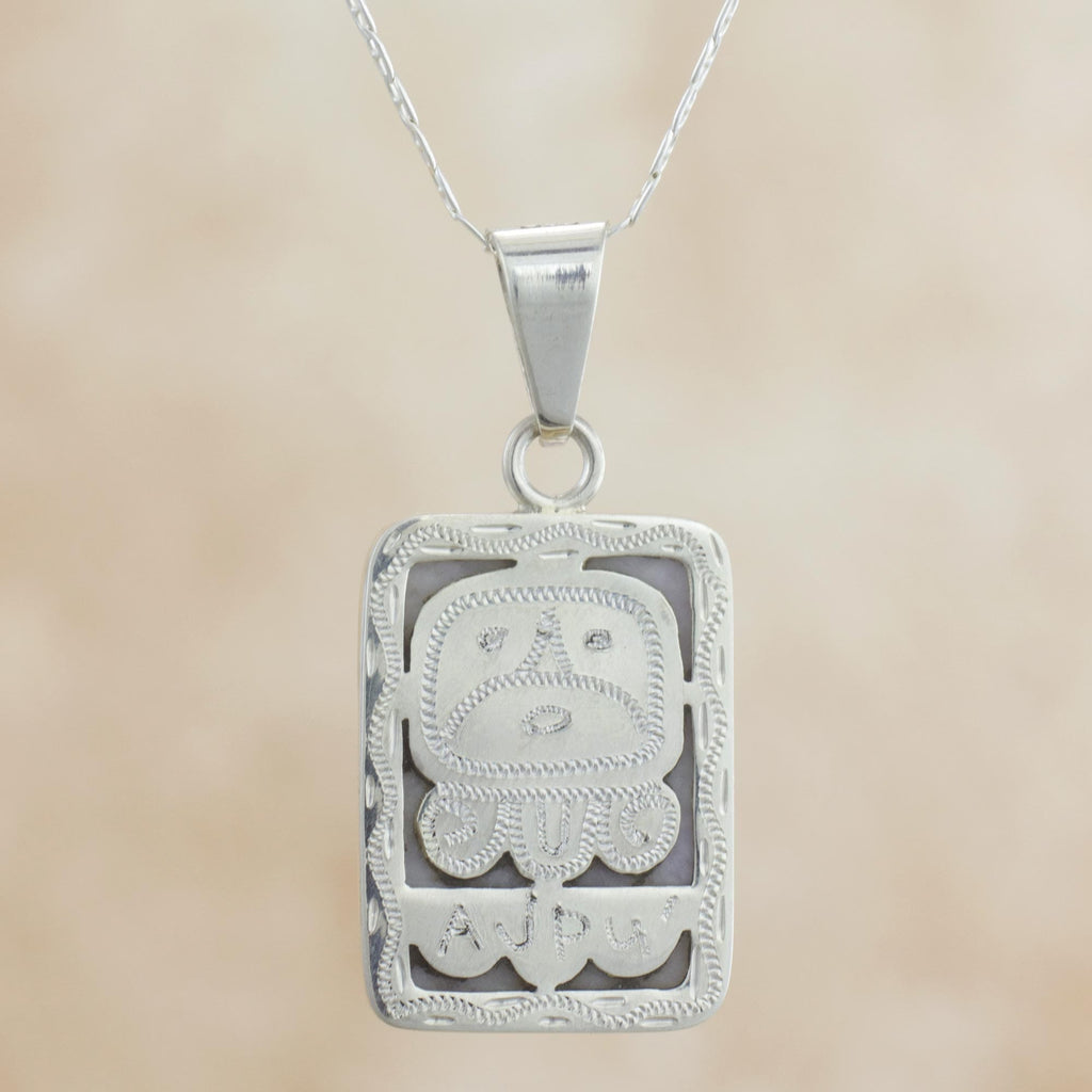 Reversible Lilac Jade and Silver Maya Glyph Necklace - Breath of Life