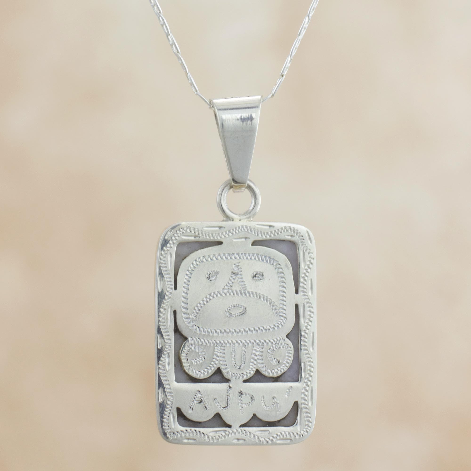 Reversible Lilac Jade and Silver Maya Glyph Necklace - Breath of Life