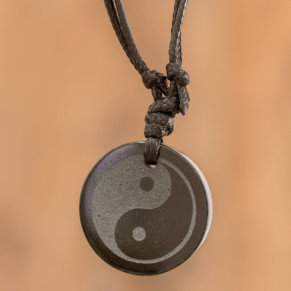 Jade Yin Yang on Black Cotton Necklace Crafted by Hand - Yin Yang