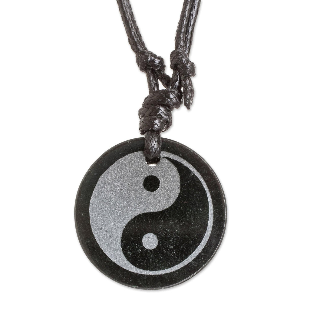 Jade Yin Yang on Black Cotton Necklace Crafted by Hand - Yin Yang