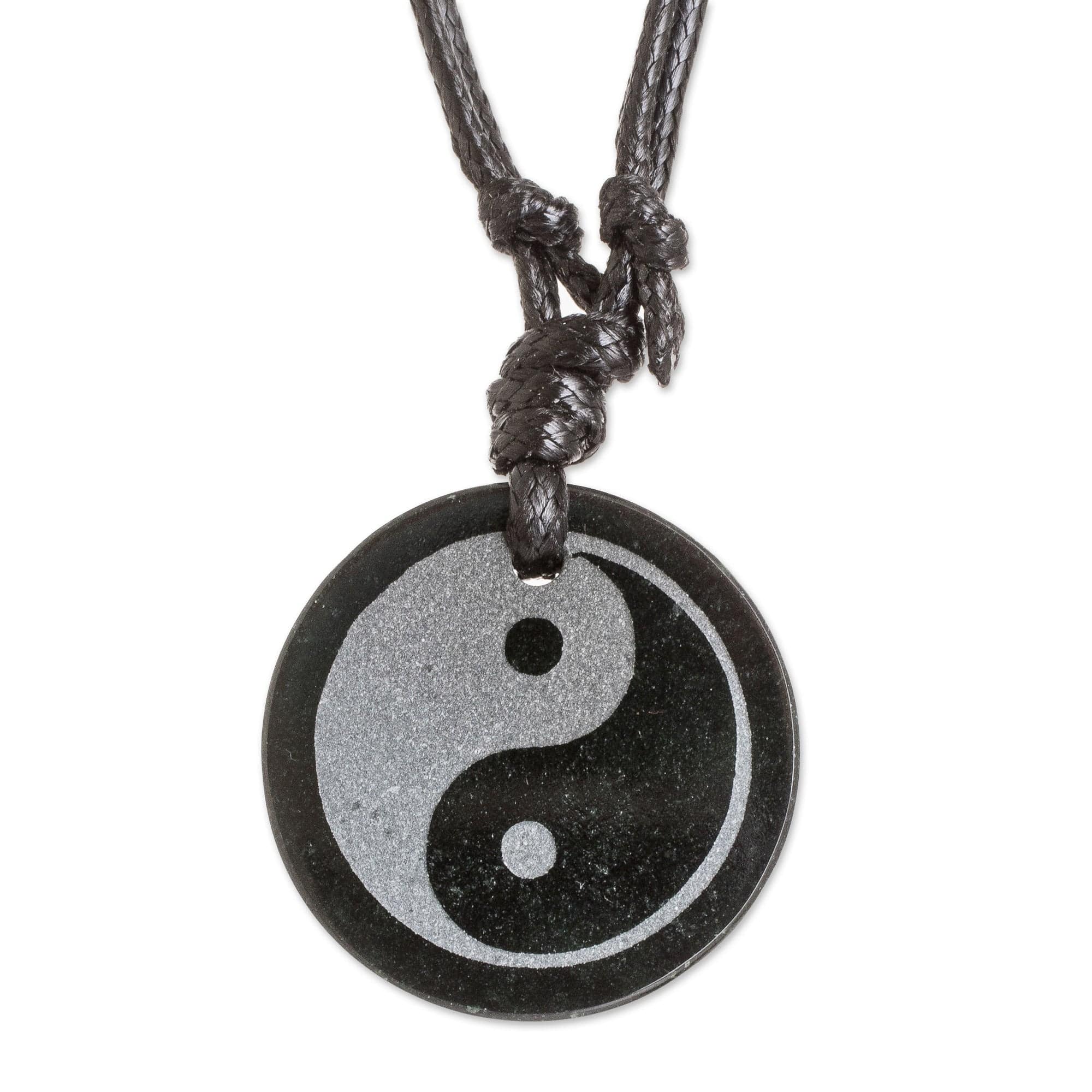 Jade Yin Yang on Black Cotton Necklace Crafted by Hand - Yin Yang