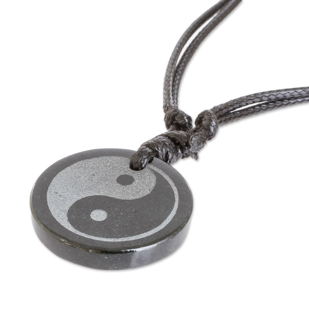 Jade Yin Yang on Black Cotton Necklace Crafted by Hand - Yin Yang