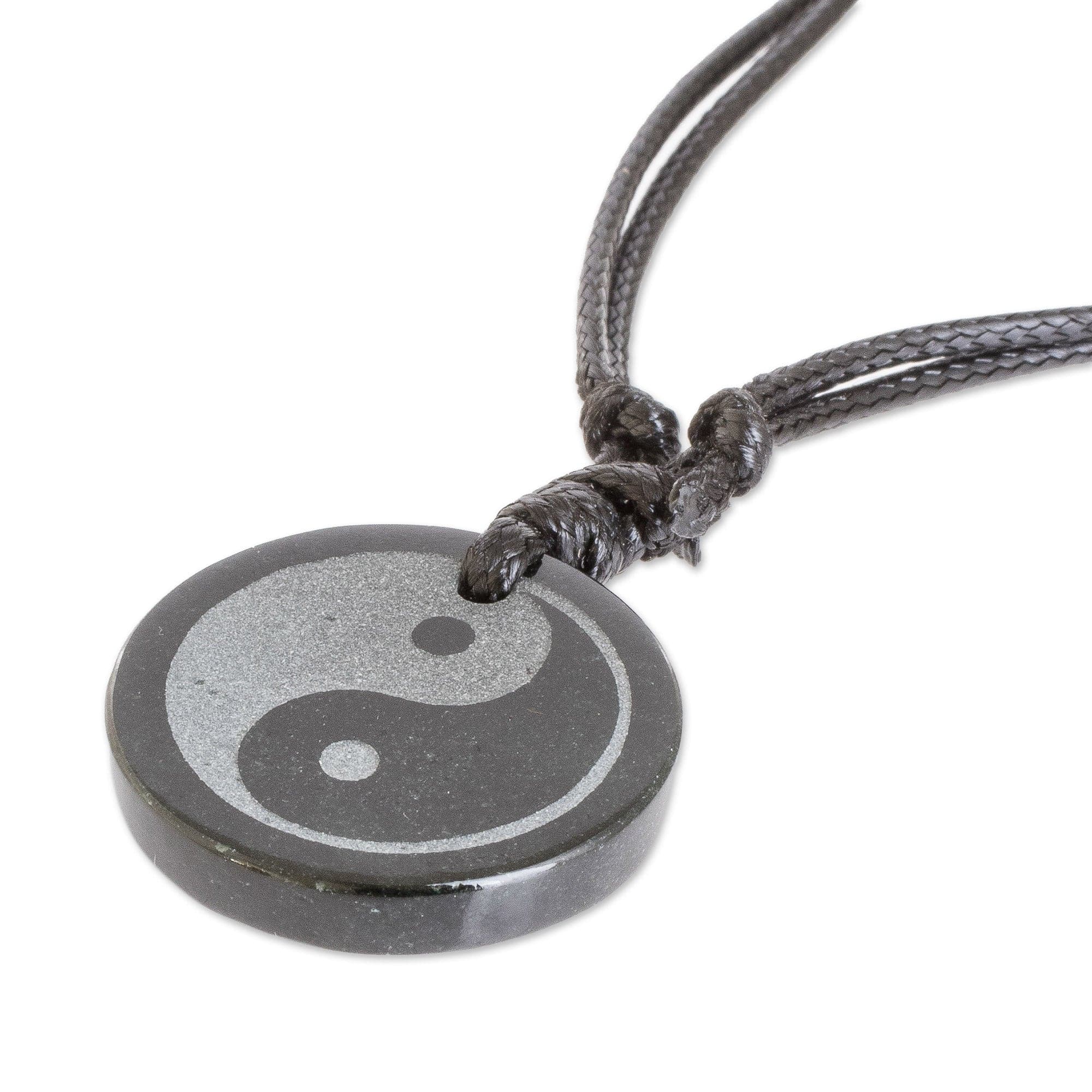 Jade Yin Yang on Black Cotton Necklace Crafted by Hand - Yin Yang
