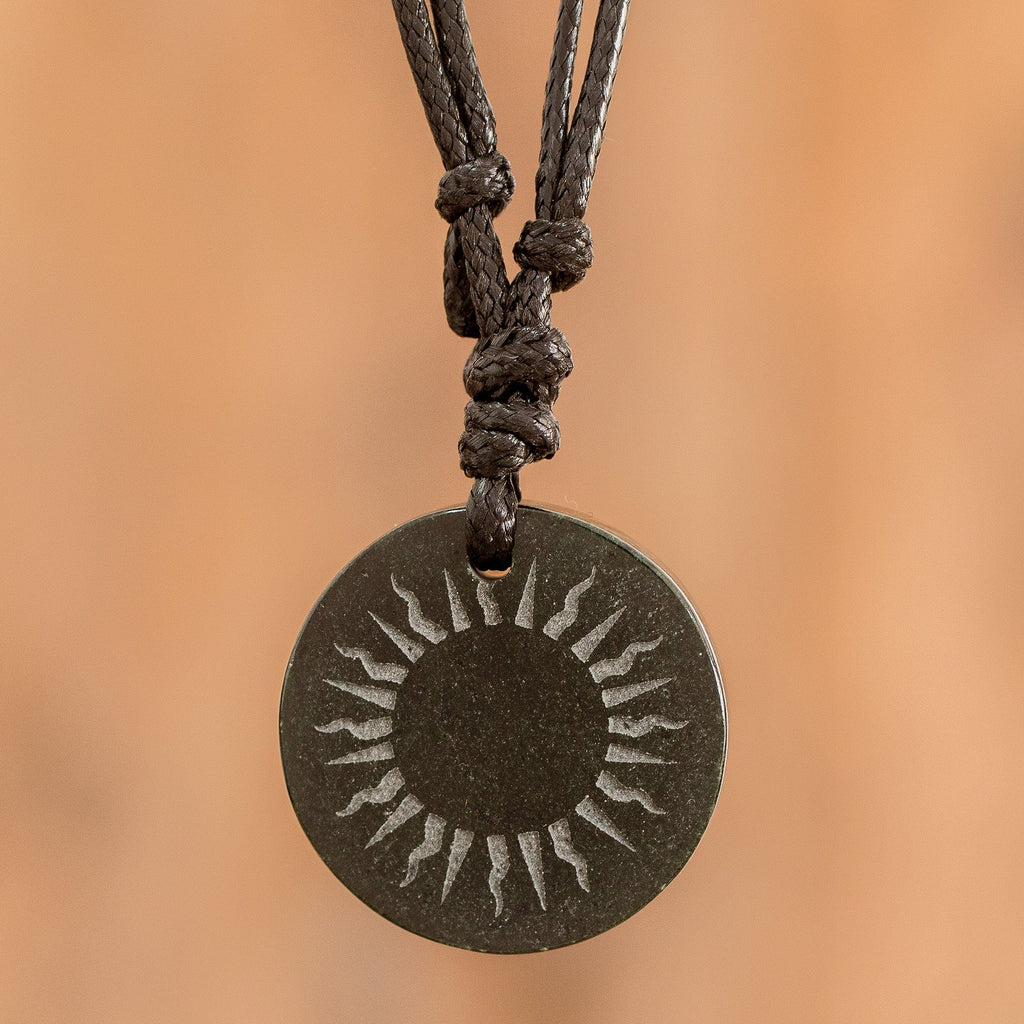 Black Jade Sun Pendant Necklace from Guatemala - Mayan Sunlight