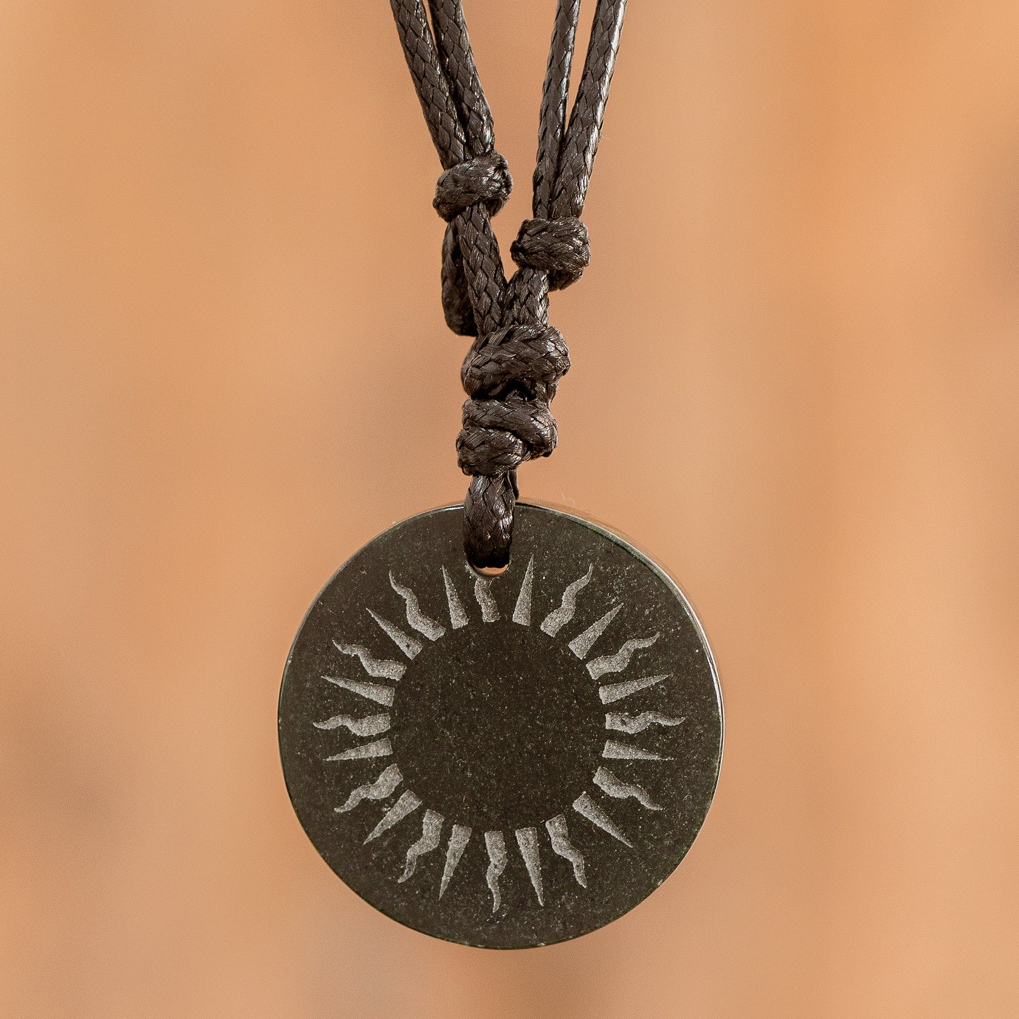 Black Jade Sun Pendant Necklace from Guatemala - Mayan Sunlight