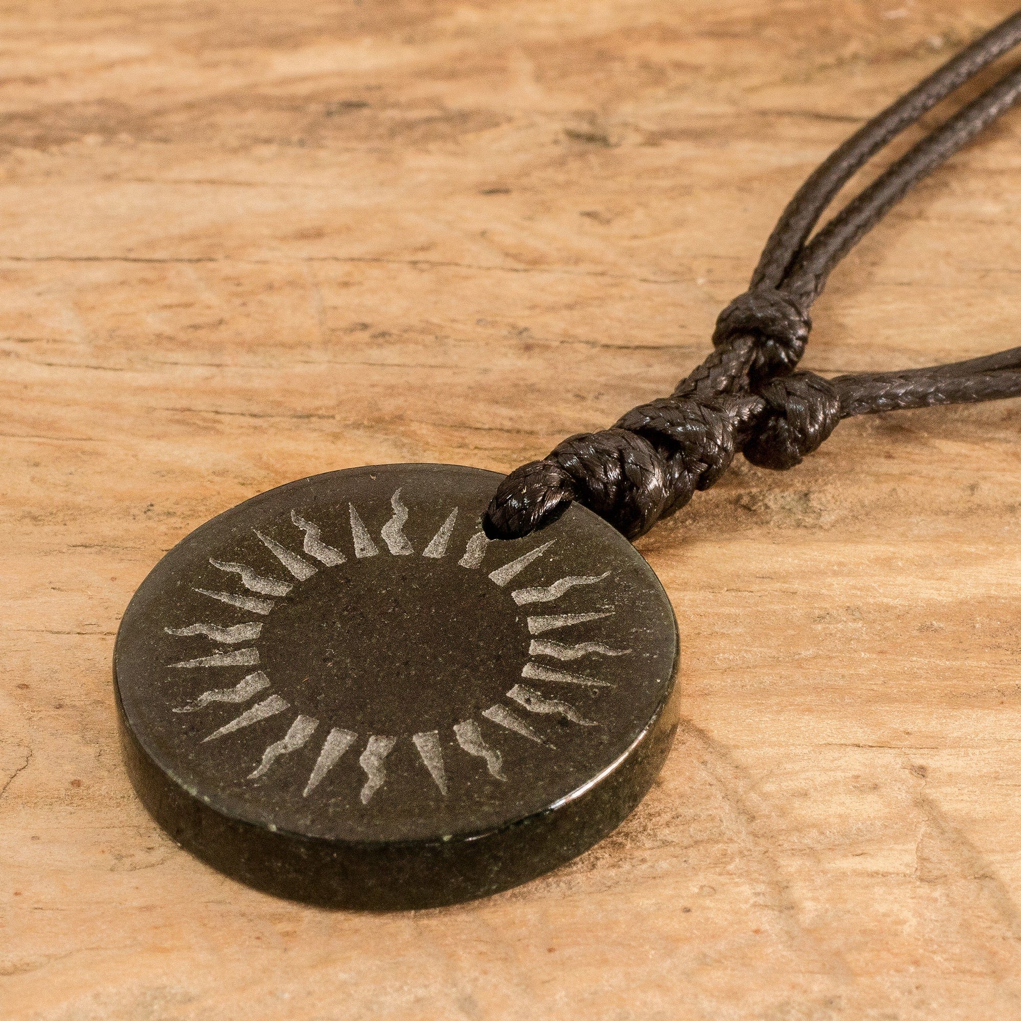 Black Jade Sun Pendant Necklace from Guatemala - Mayan Sunlight
