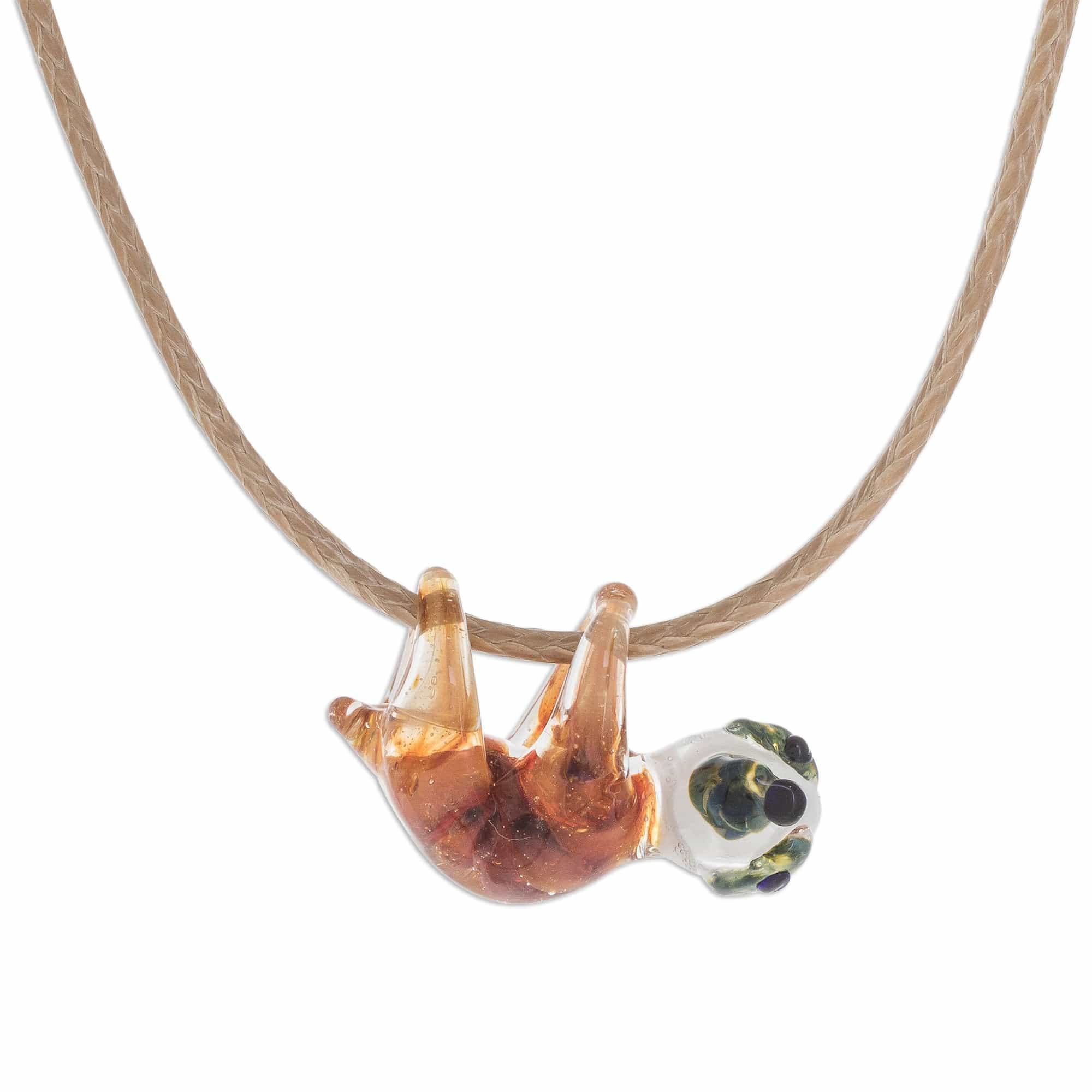 Handblown Glass Sloth Pendant Necklace from Costa Rica - Cute Sloth