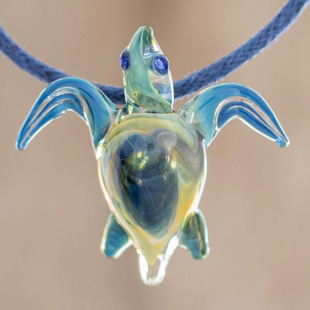 Blue and Yellow Art Glass Sea Turtle Pendant Necklace - In the Lagoon