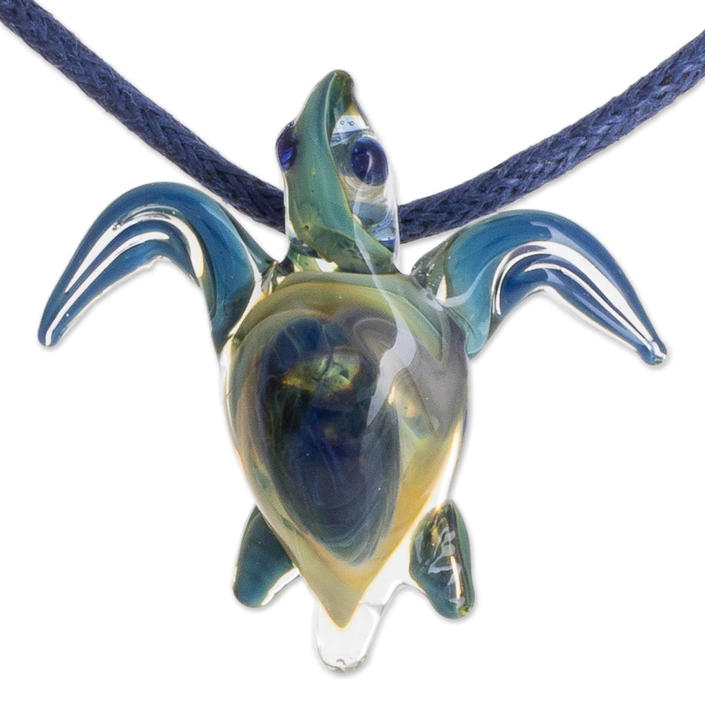 Blue and Yellow Art Glass Sea Turtle Pendant Necklace - In the Lagoon