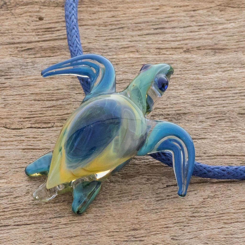 Blue and Yellow Art Glass Sea Turtle Pendant Necklace - In the Lagoon