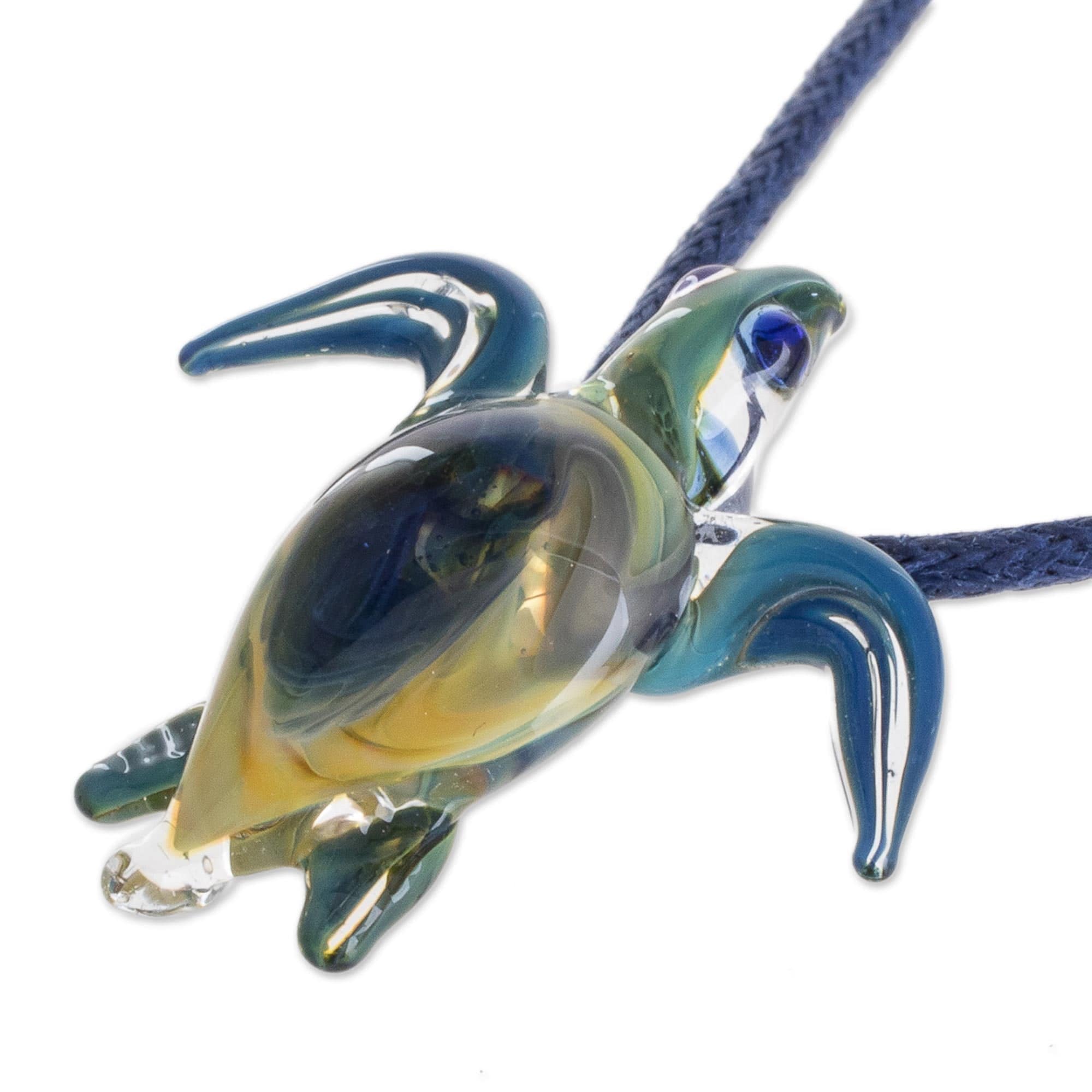 Blue and Yellow Art Glass Sea Turtle Pendant Necklace - In the Lagoon
