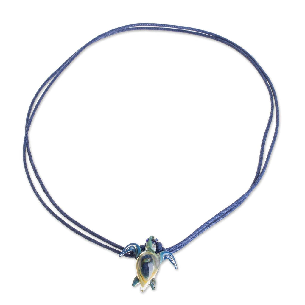 Blue and Yellow Art Glass Sea Turtle Pendant Necklace - In the Lagoon